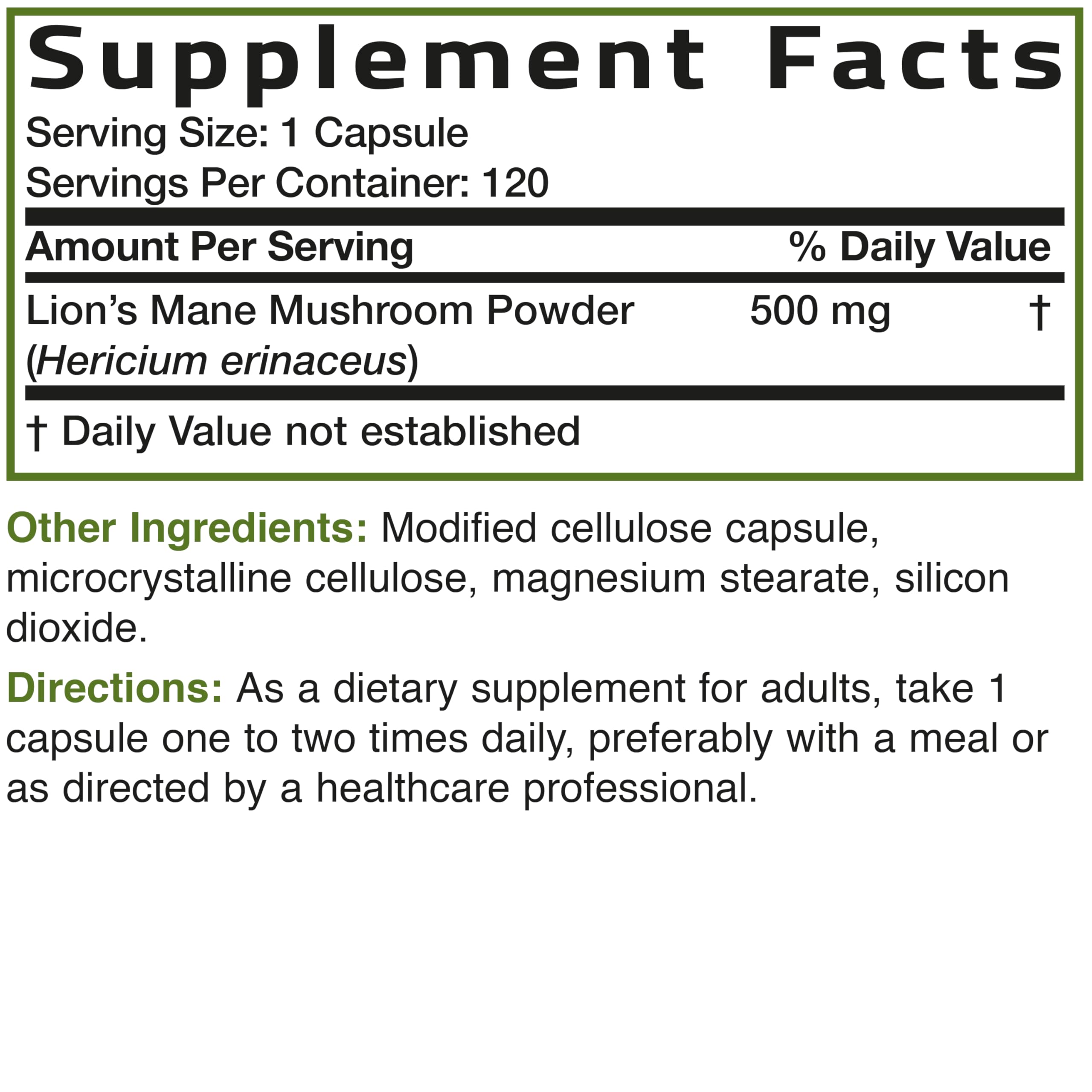 Bronson Lion's Mane Mushroom 500MG capsules with fresh mushrooms