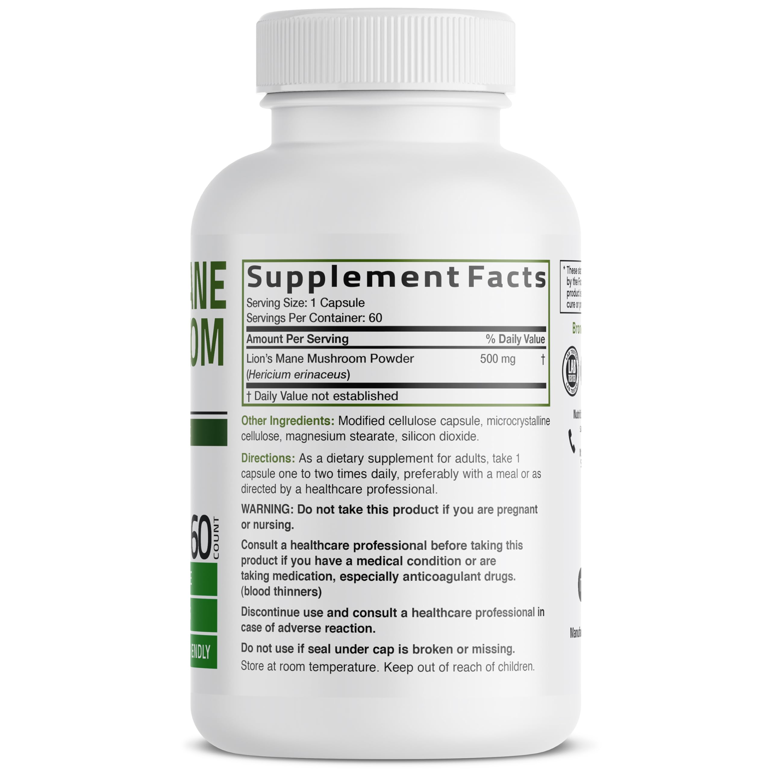Bronson Lion's Mane Mushroom Capsules 500MG side view