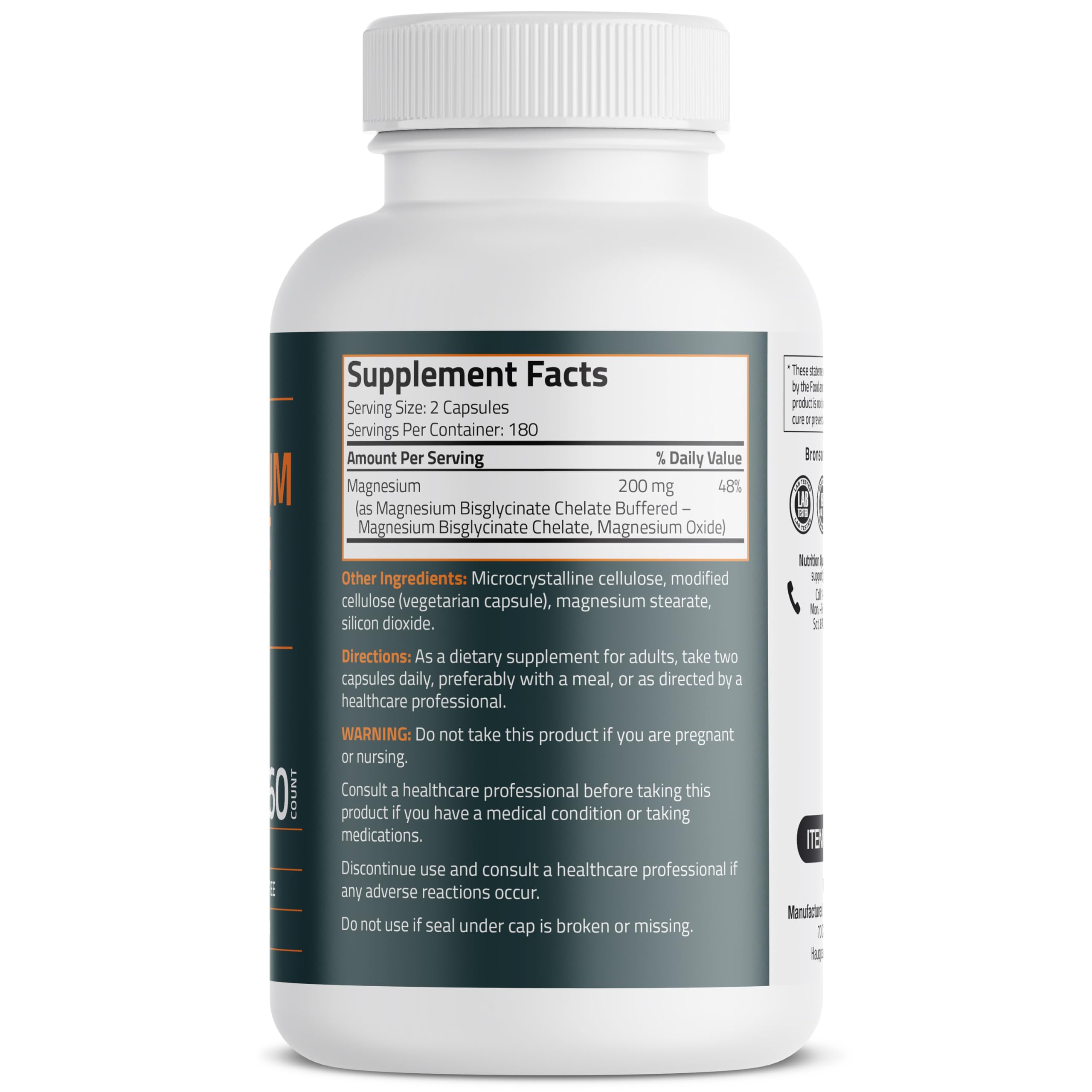 Bronson Magnesium Glycinate Chelate 200MG 120 Capsules side view