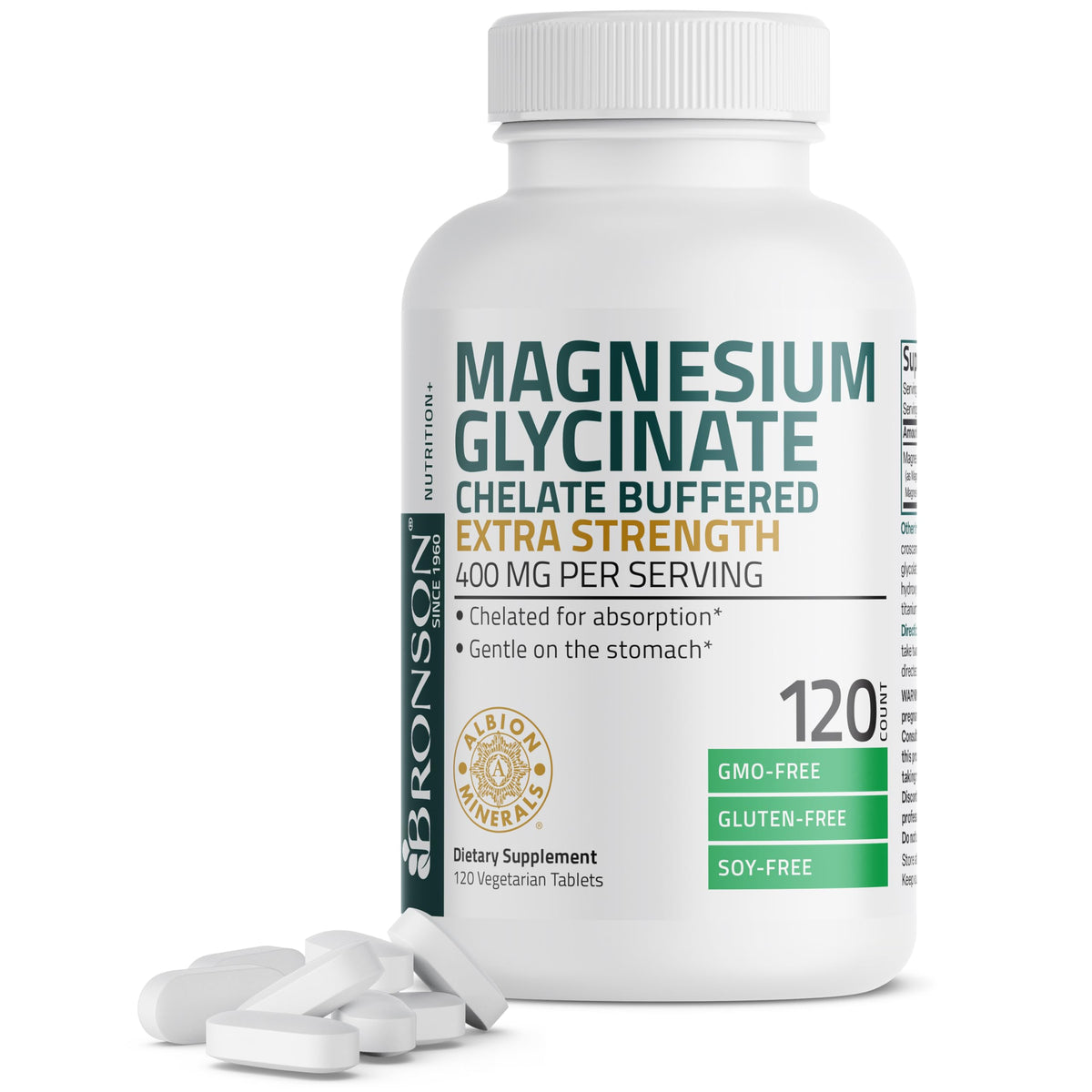 Bronson Magnesium Glycinate Chelate Buffered Extra Strength 400mg front view