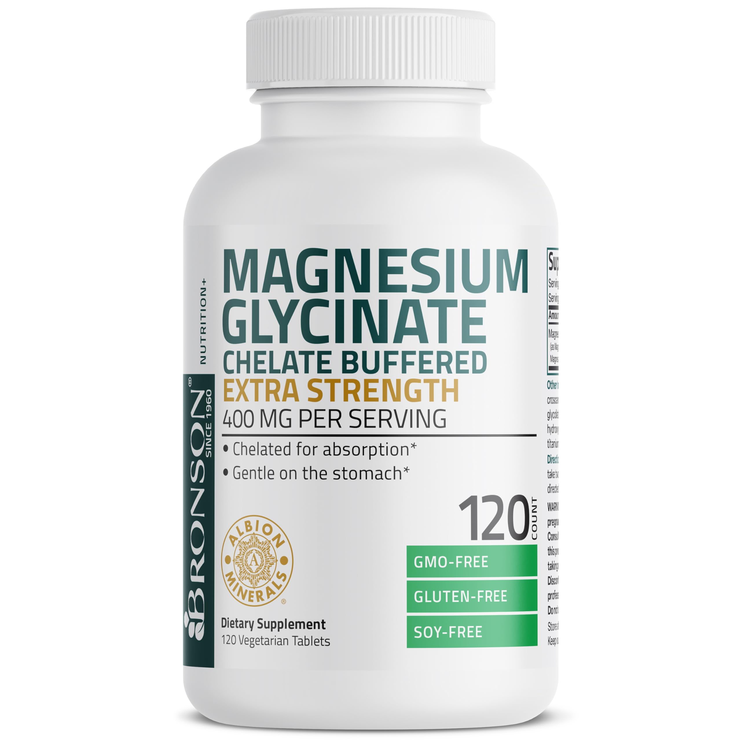 Bronson Magnesium Glycinate Chelate Buffered Extra Strength 400mg label close-up