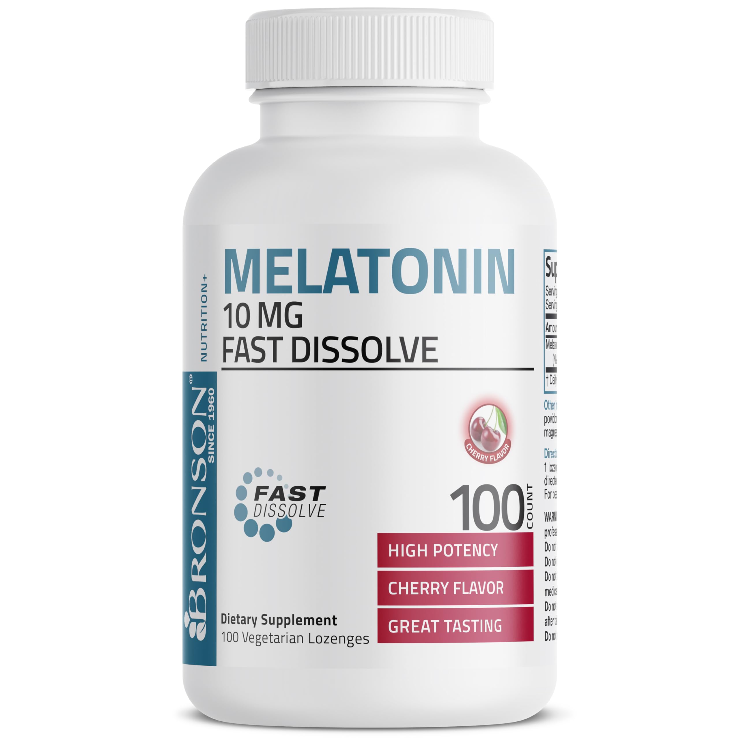 Bronson Melatonin 10 mg cherry tablets on a table