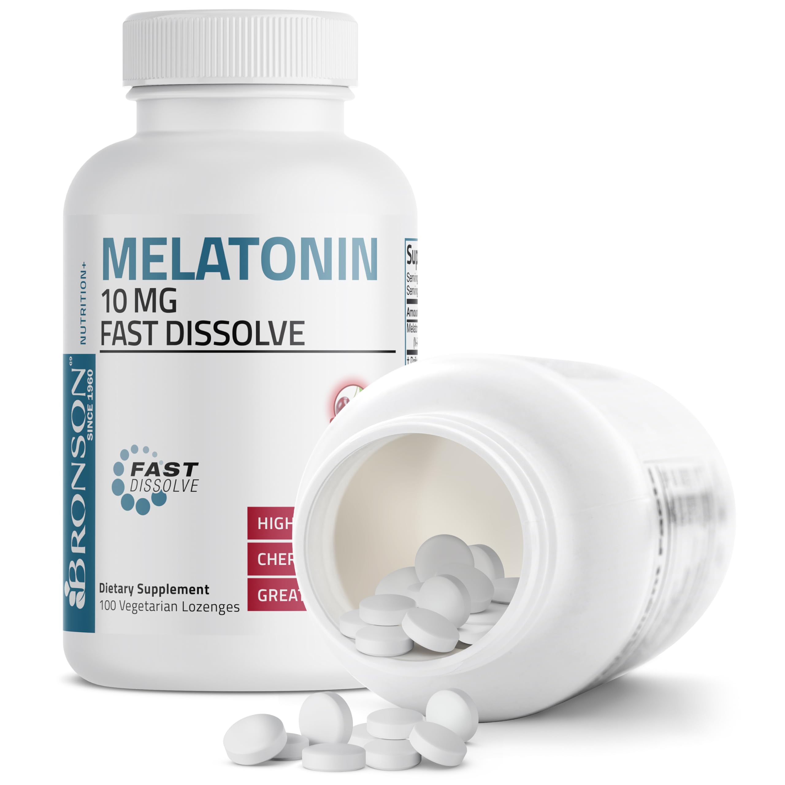 Bronson Melatonin 10 mg cherry tablets with a glass of water