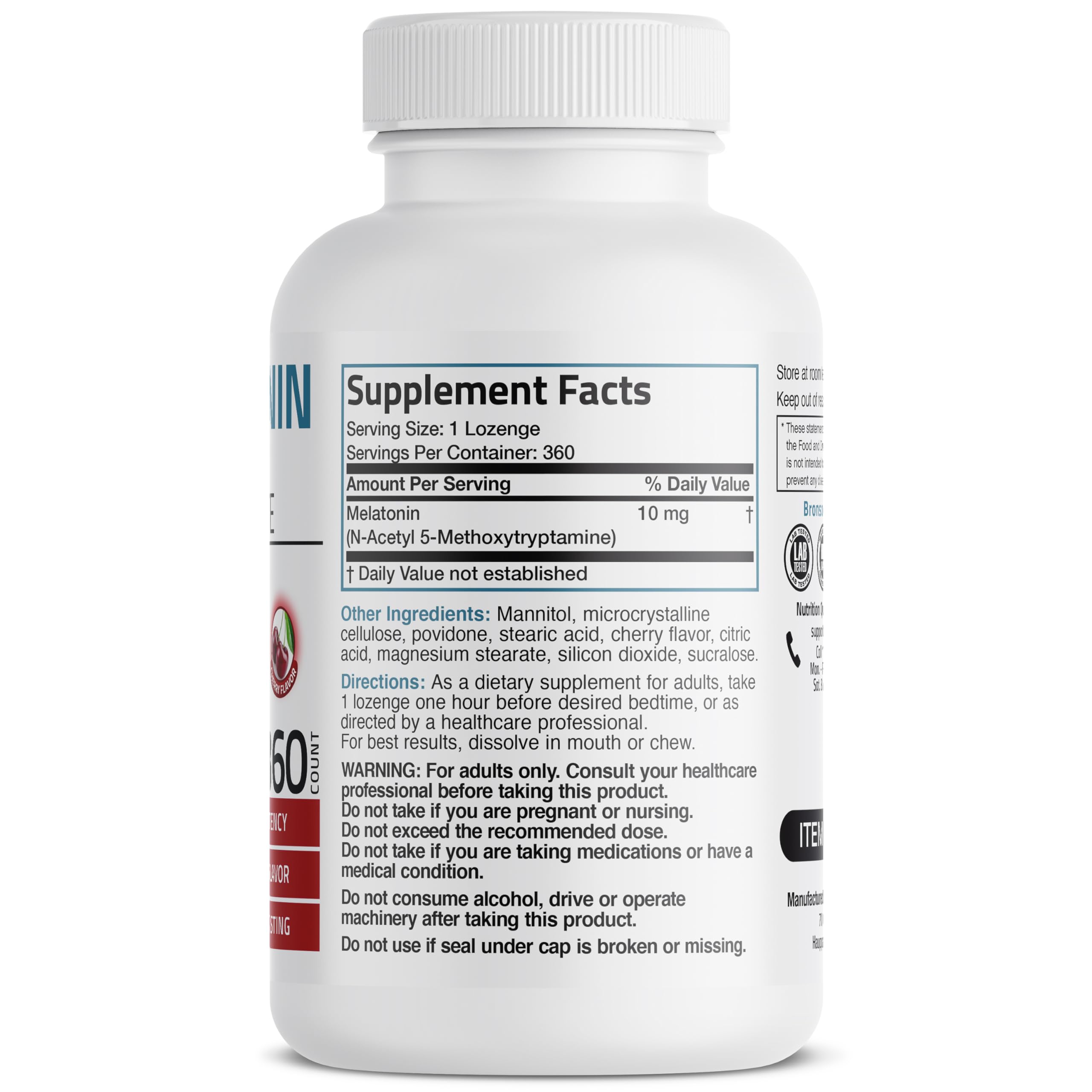 Bronson Melatonin 10 mg Fast Dissolve Cherry Tablets back view