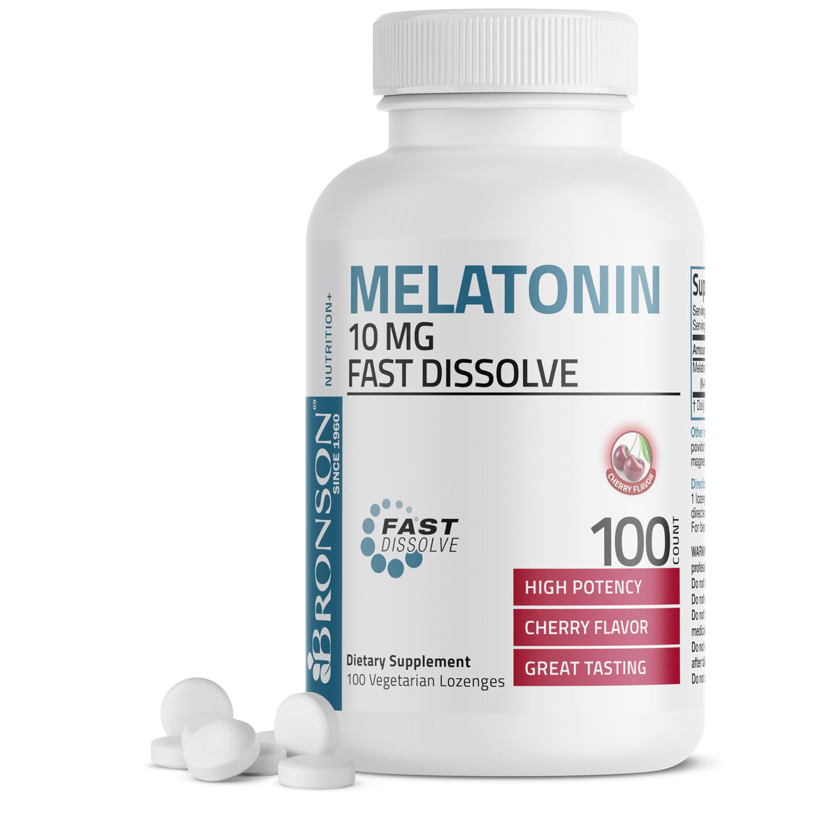 Bronson Melatonin 10 mg fast dissolve cherry tablets front view