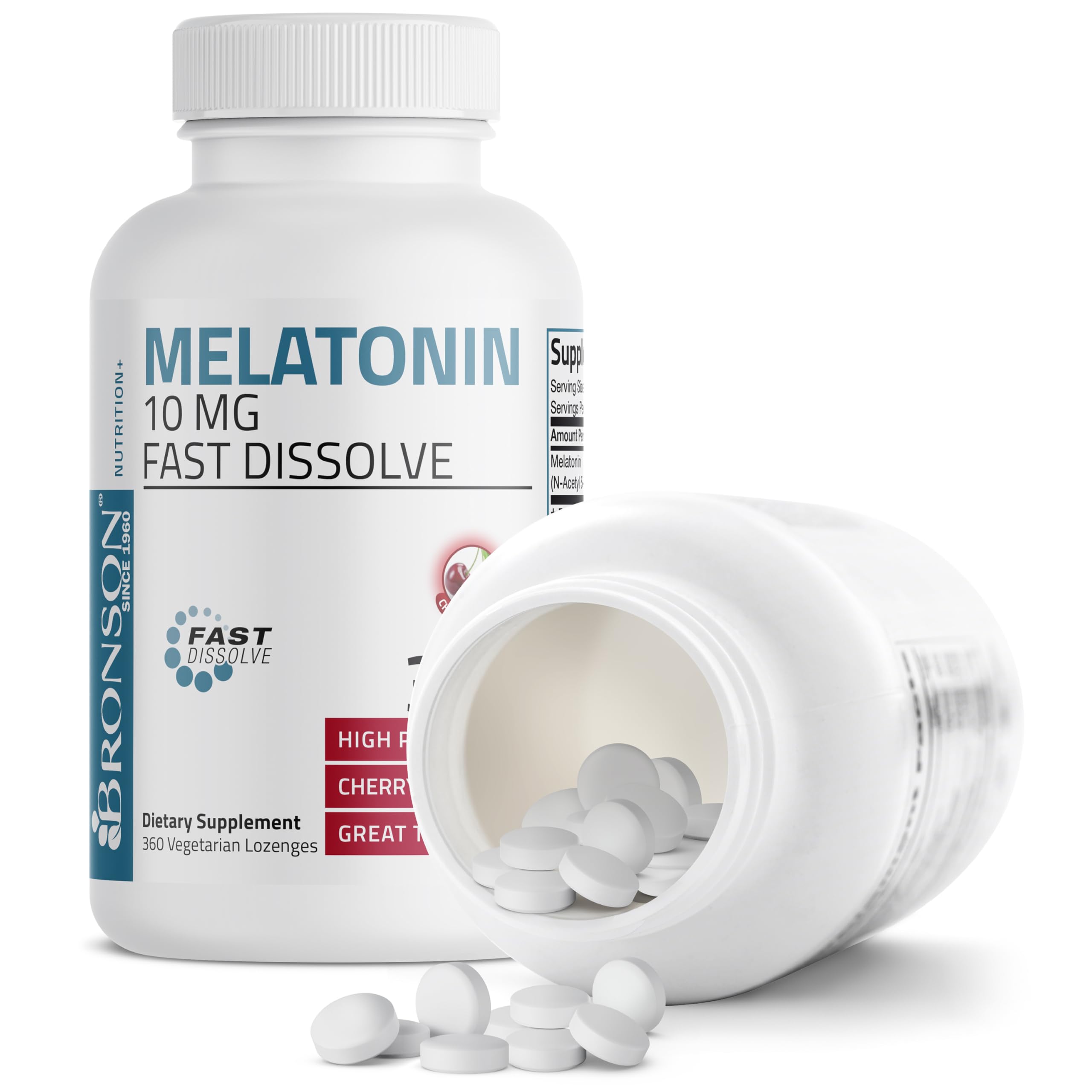 Bronson Melatonin 10 mg Fast Dissolve Cherry Tablets on a table