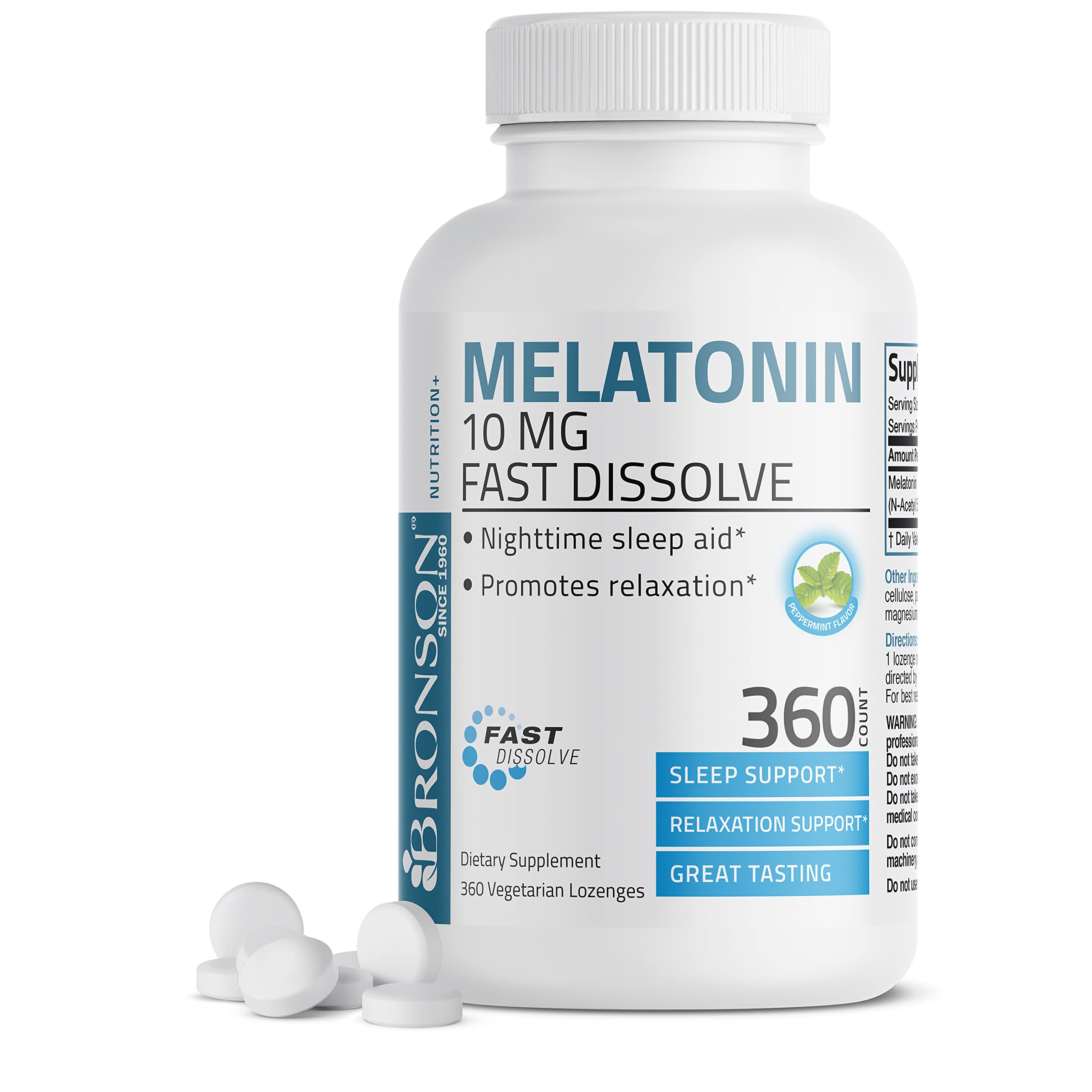 Bronson Melatonin 10 MG fast dissolve peppermint tablets front view