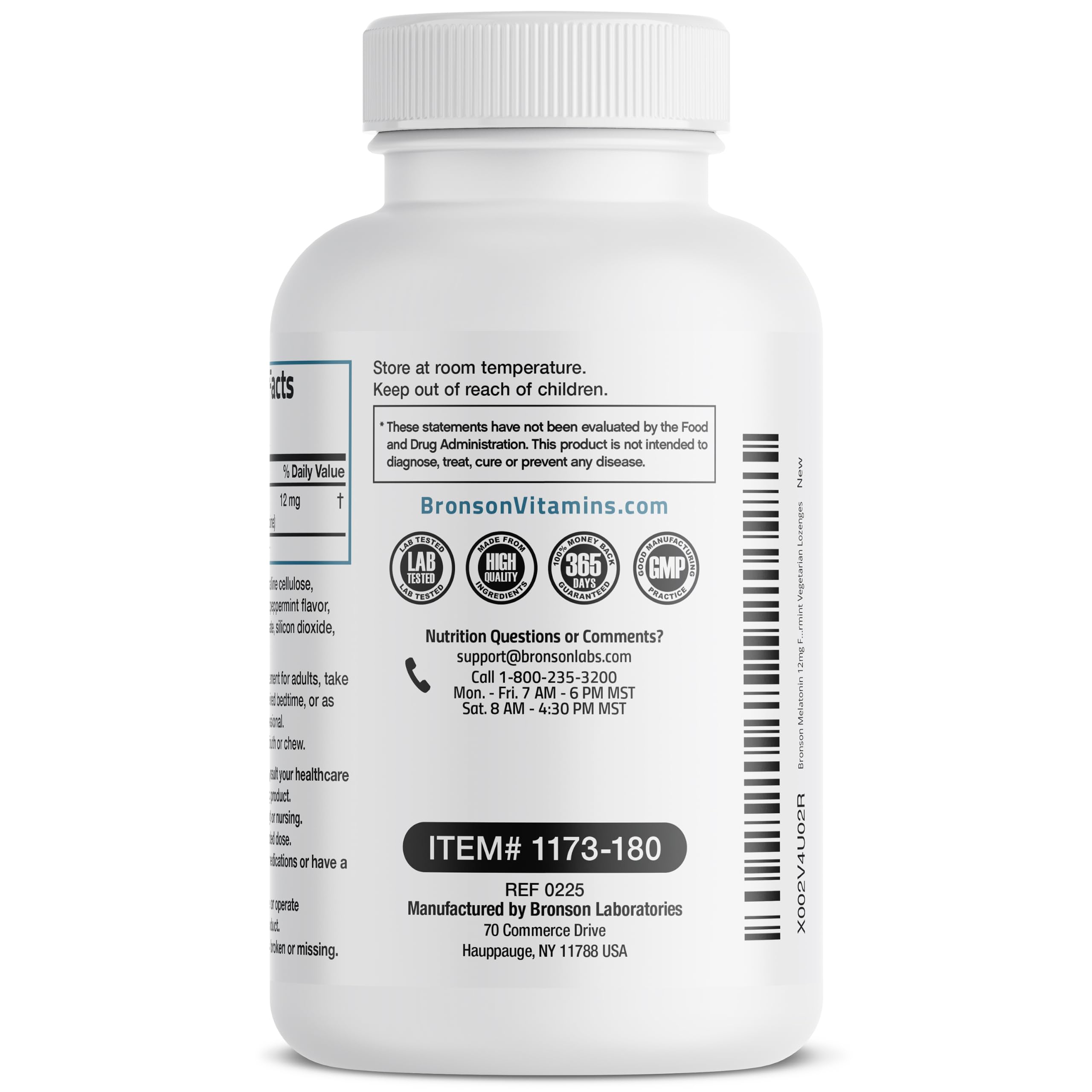 Bronson Melatonin 12 mg Fast Dissolve Lozenges back view showing nutritional information