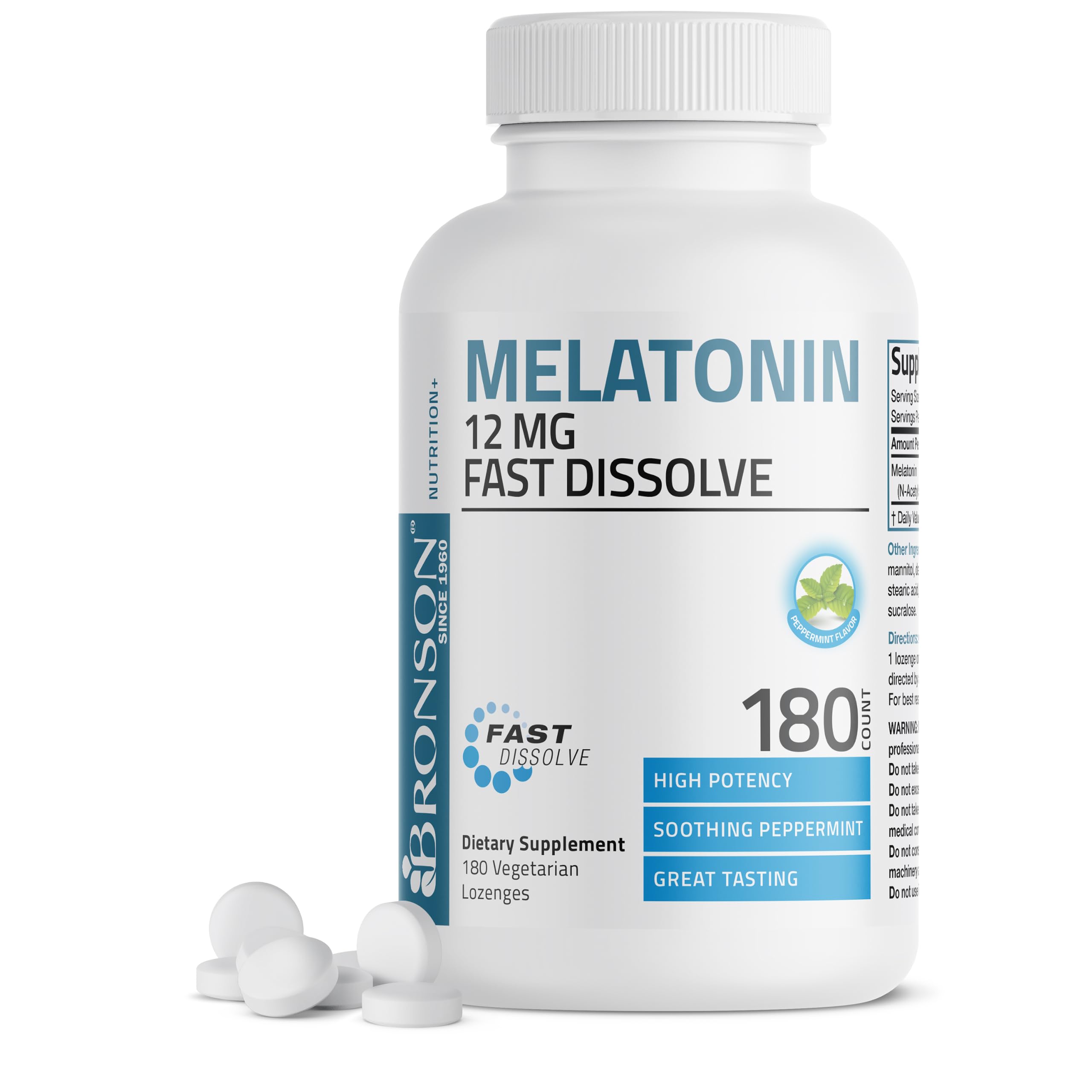 Bronson Melatonin 12 mg Fast Dissolve Lozenges front view, 180 count