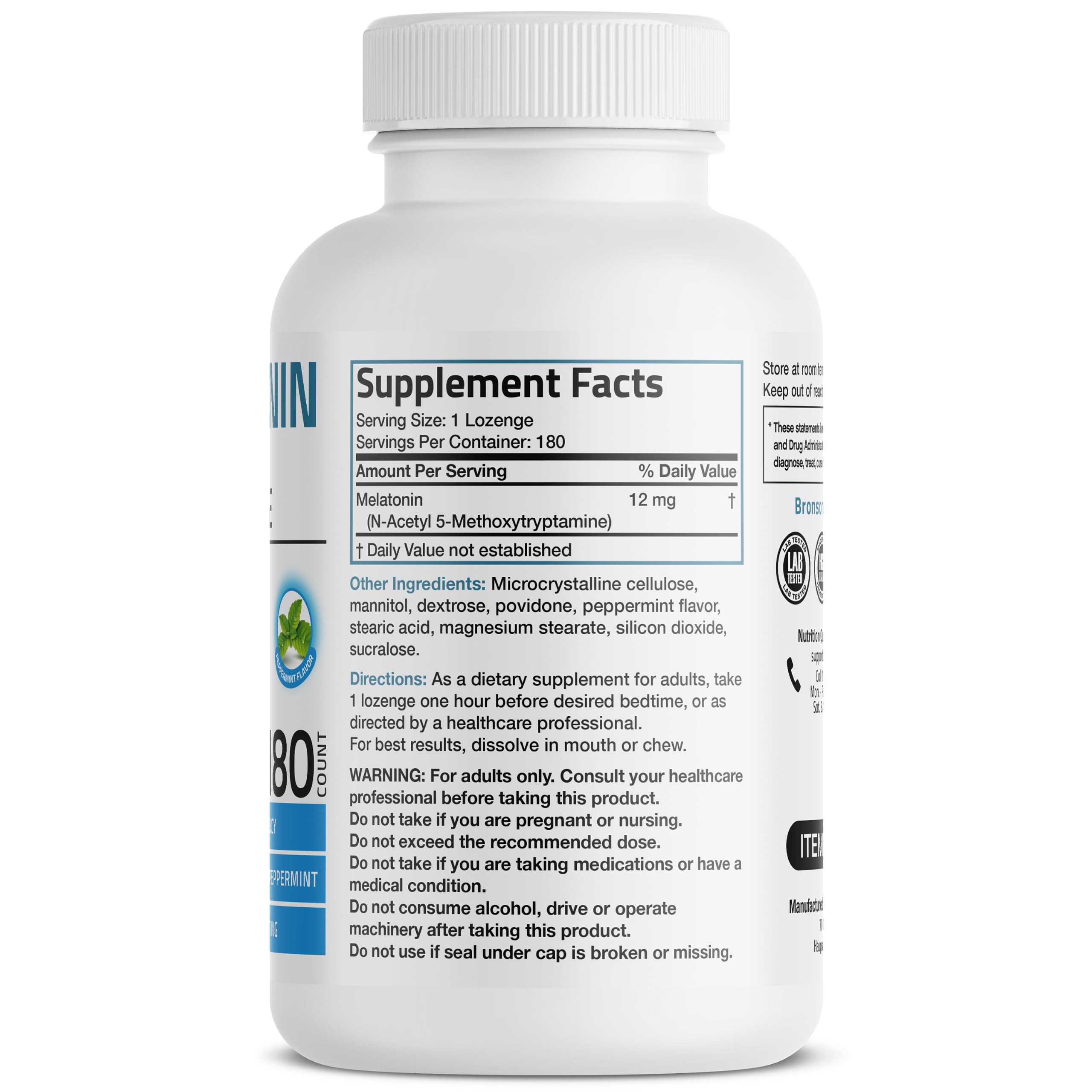 Bronson Melatonin 12 mg Fast Dissolve Lozenges packaging side view