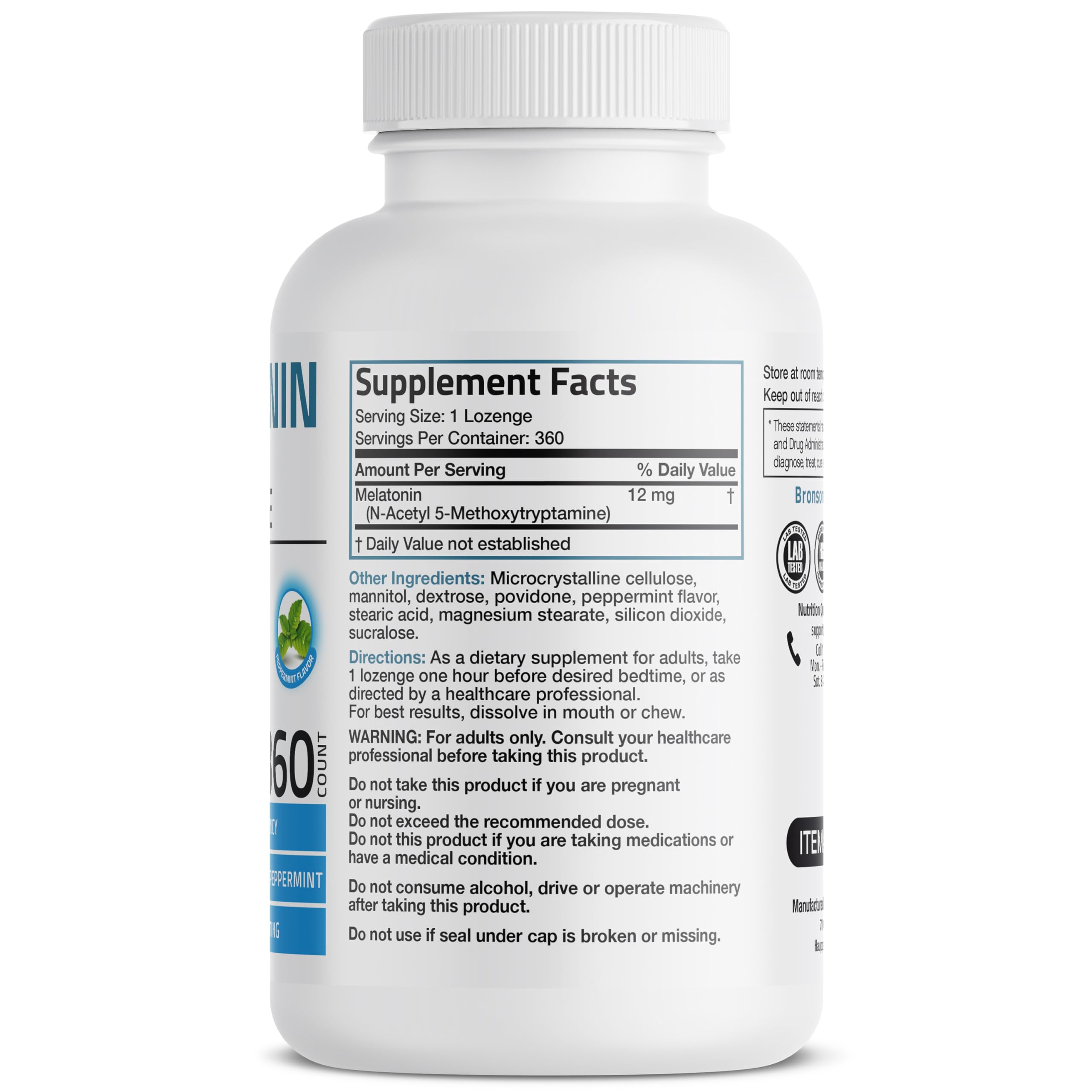 Bronson Melatonin 12 mg Lozenges packaging side view