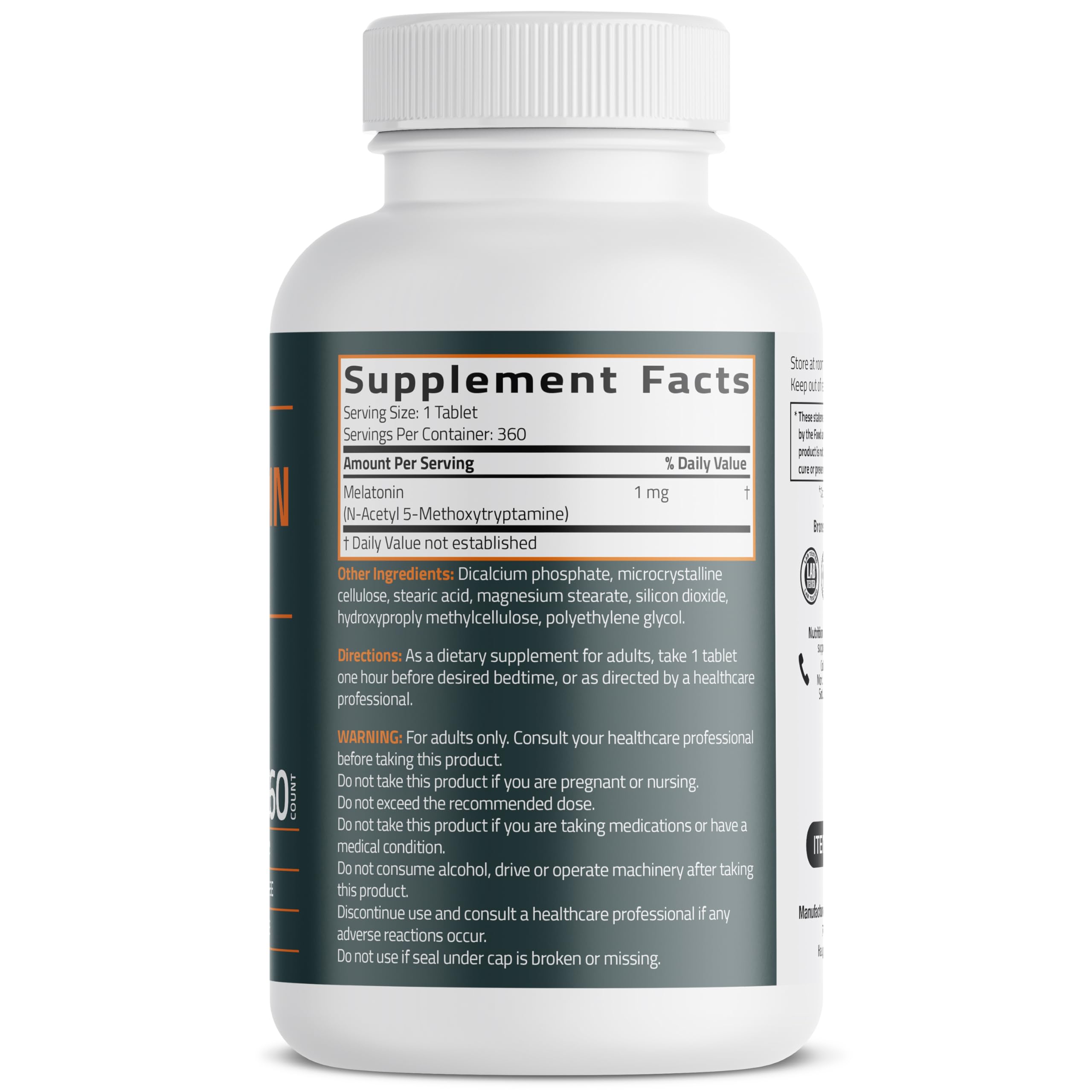 Bronson Melatonin 1MG Vegetarian Tablets bottle side view