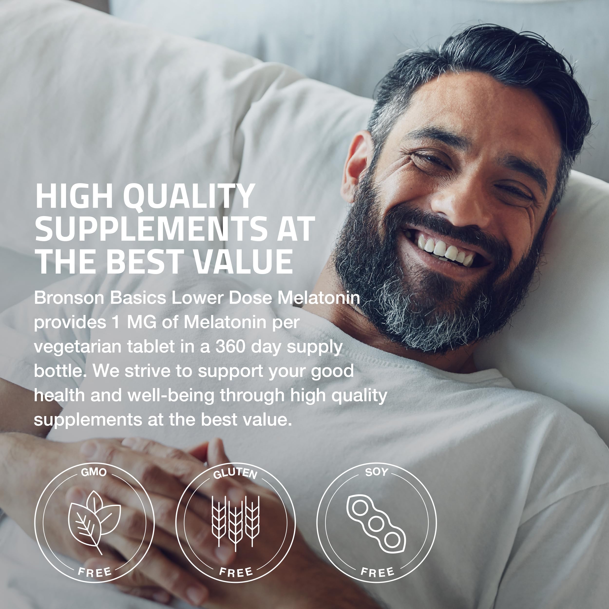 Bronson Melatonin 1MG Vegetarian Tablets with dosage information