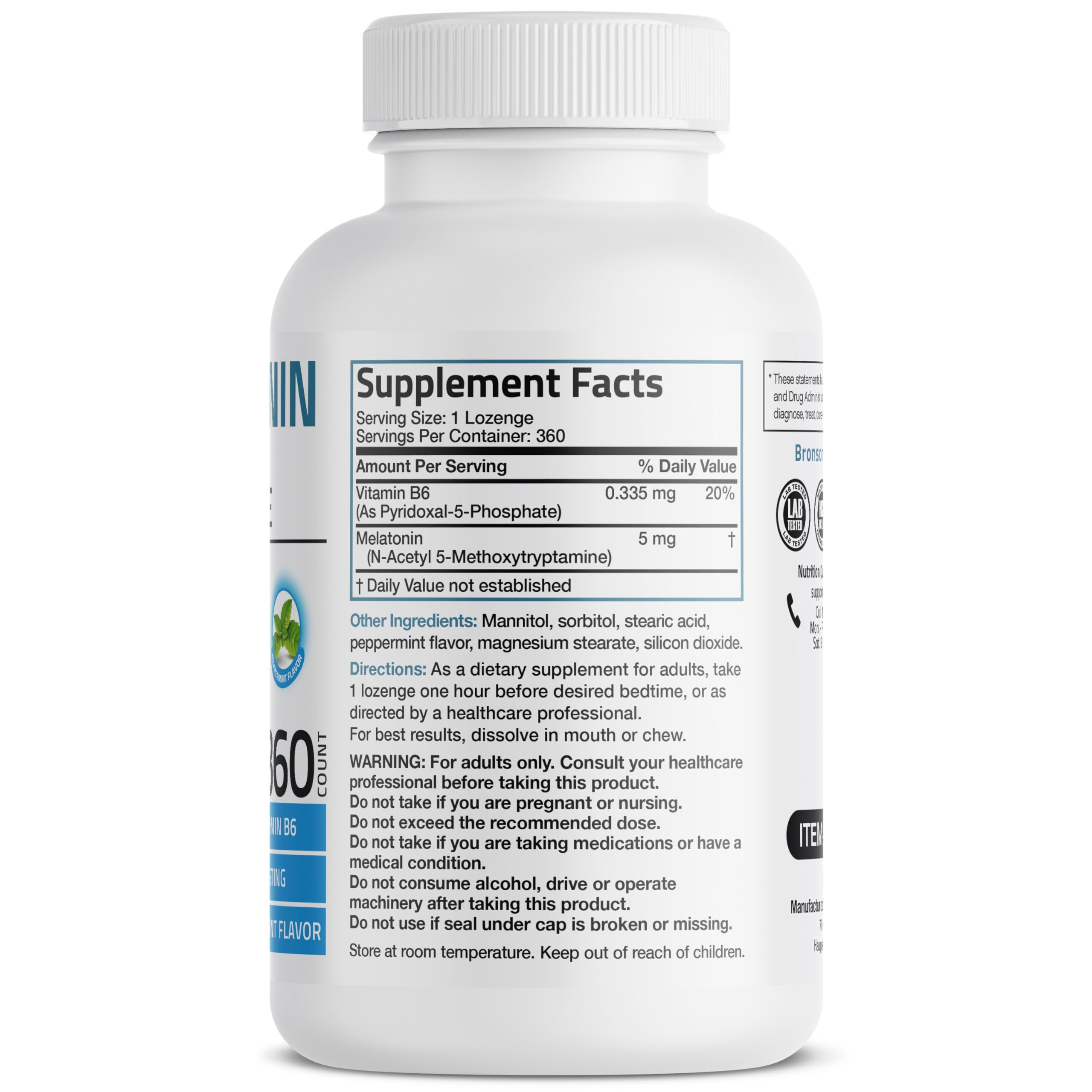 Bronson Melatonin 5mg Fast Dissolve Peppermint Lozenges side view