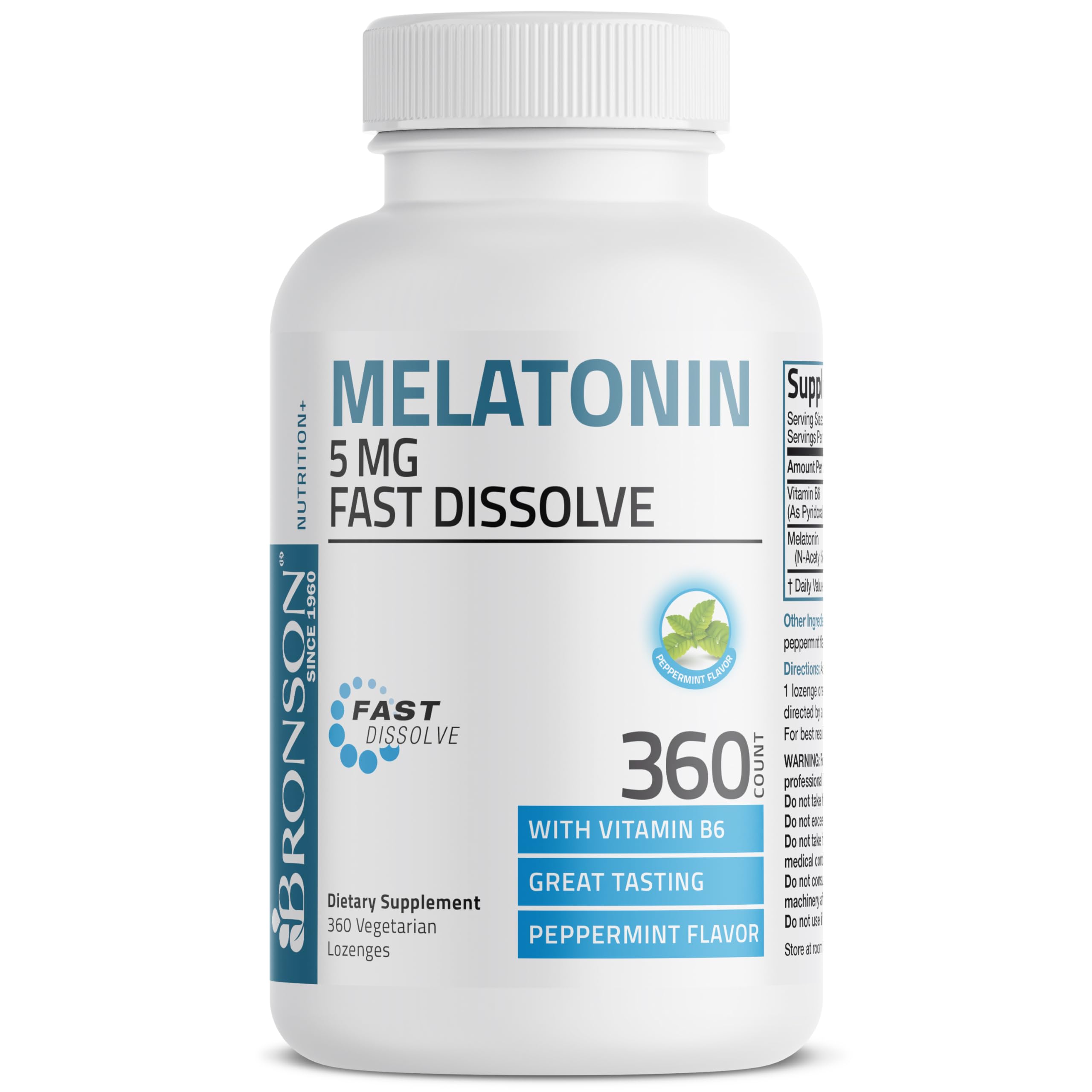 Bronson Melatonin 5mg Fast Dissolve Peppermint Lozenges with ingredients list