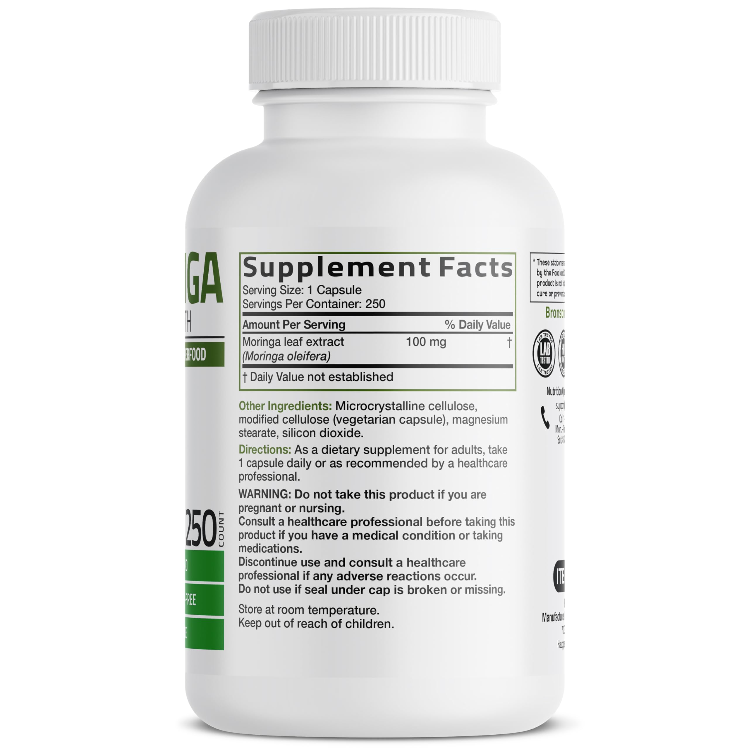 Bronson Moringa Extra Strength capsule bottle side view