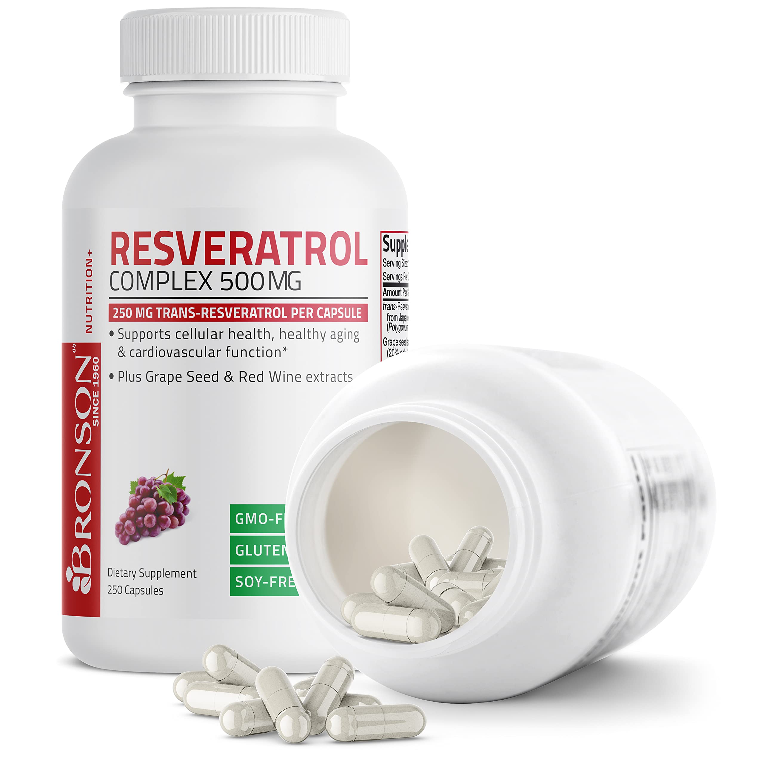 Bronson Resveratrol Complex 500 MG capsules on a wooden surface