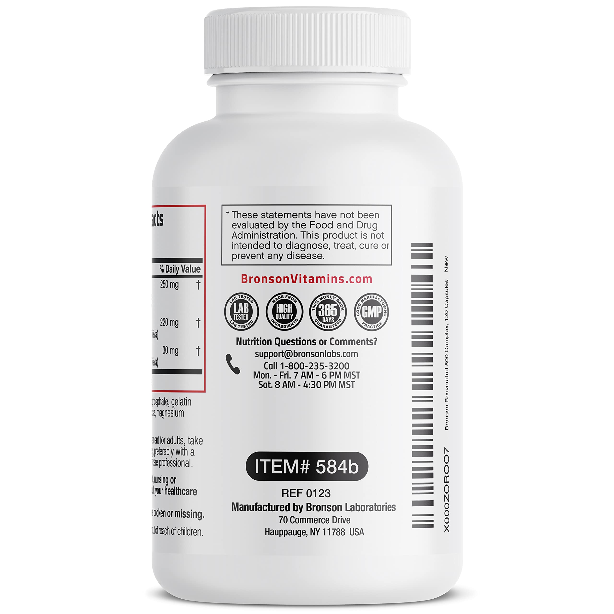 Bronson Resveratrol Complex 500 MG supplement bottle back view