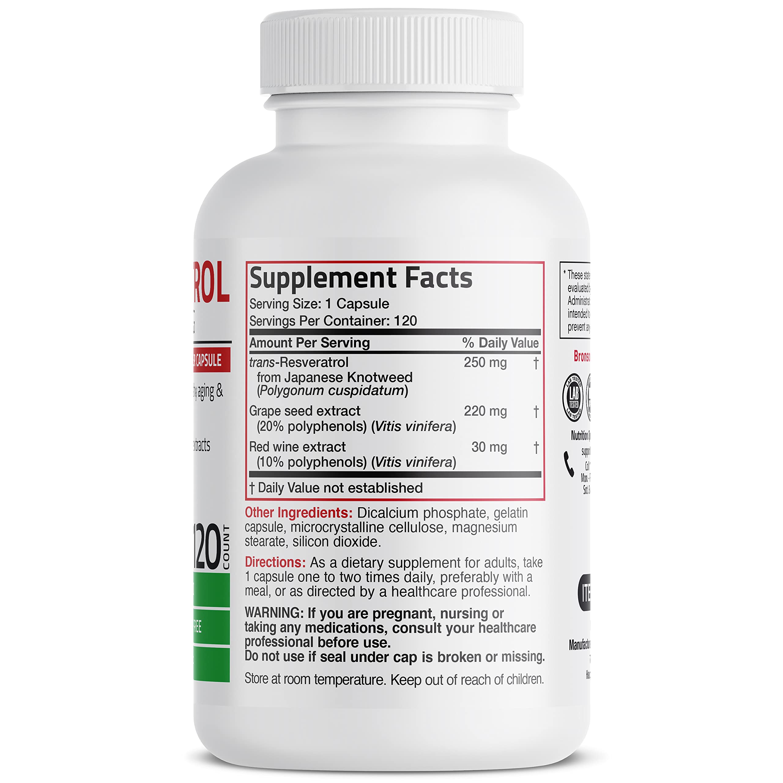 Bronson Resveratrol Complex 500 MG supplement capsules close-up