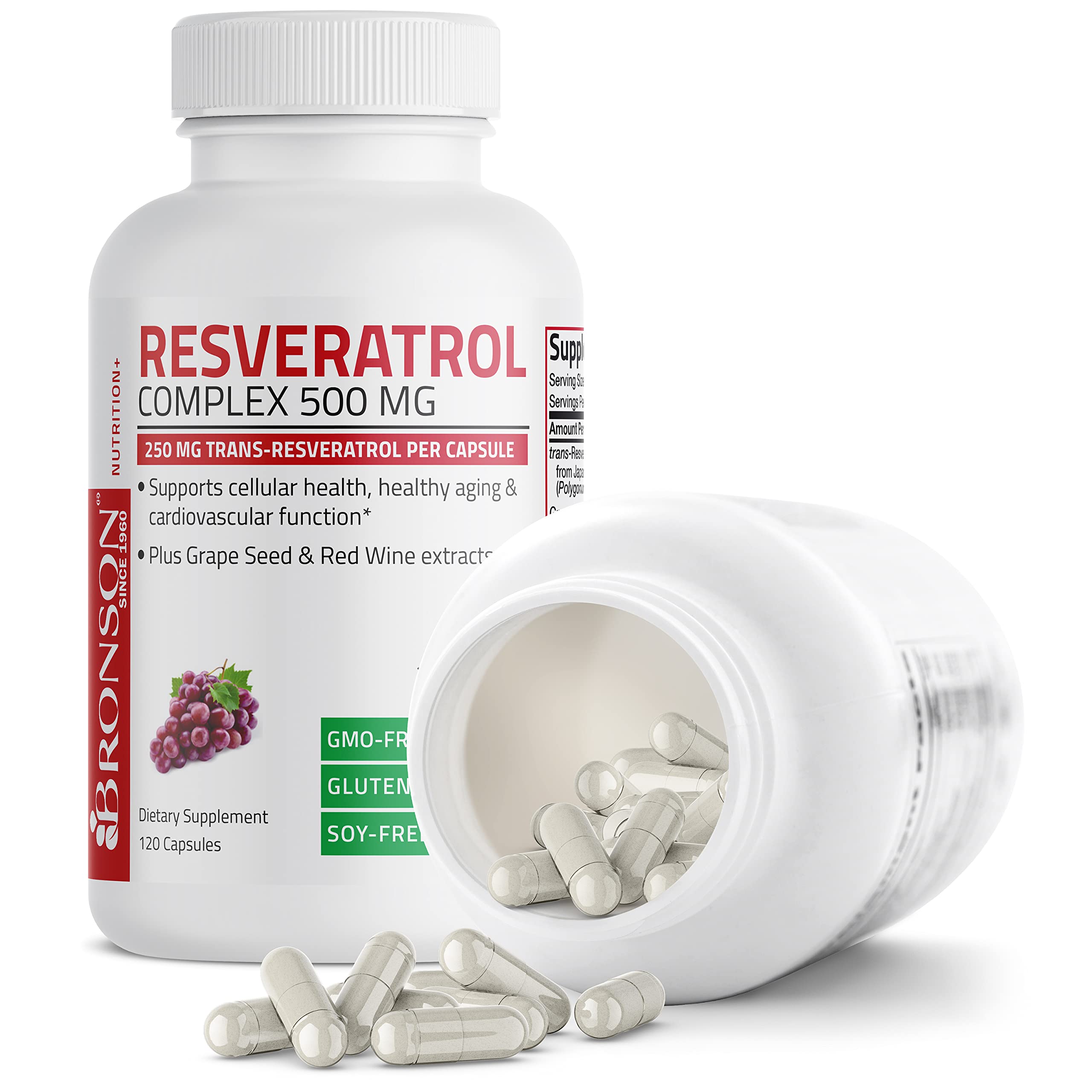 Bronson Resveratrol Complex 500 MG supplement capsules on a table