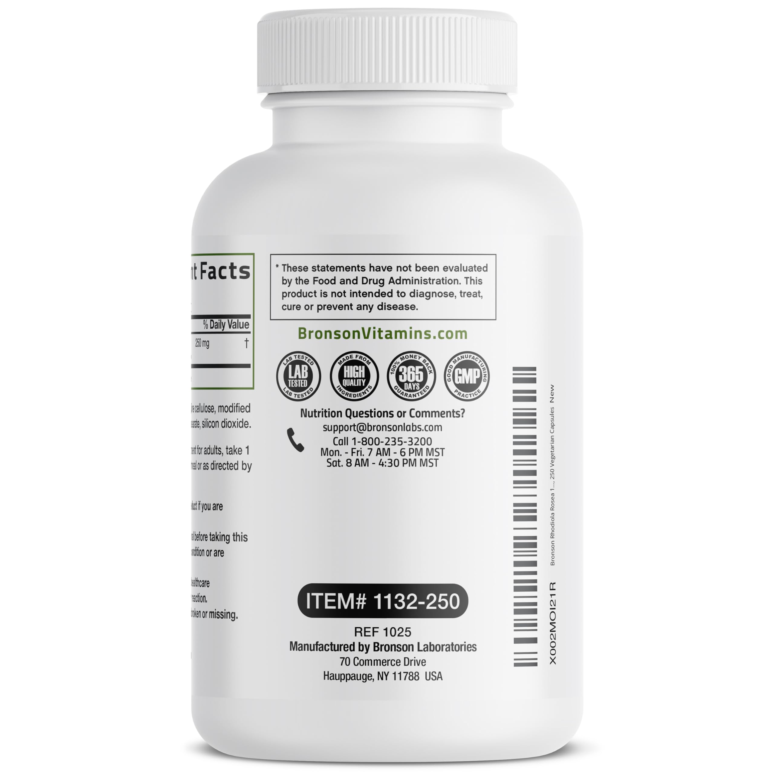 Bronson Rhodiola Rosea supplement back view with ingredient details