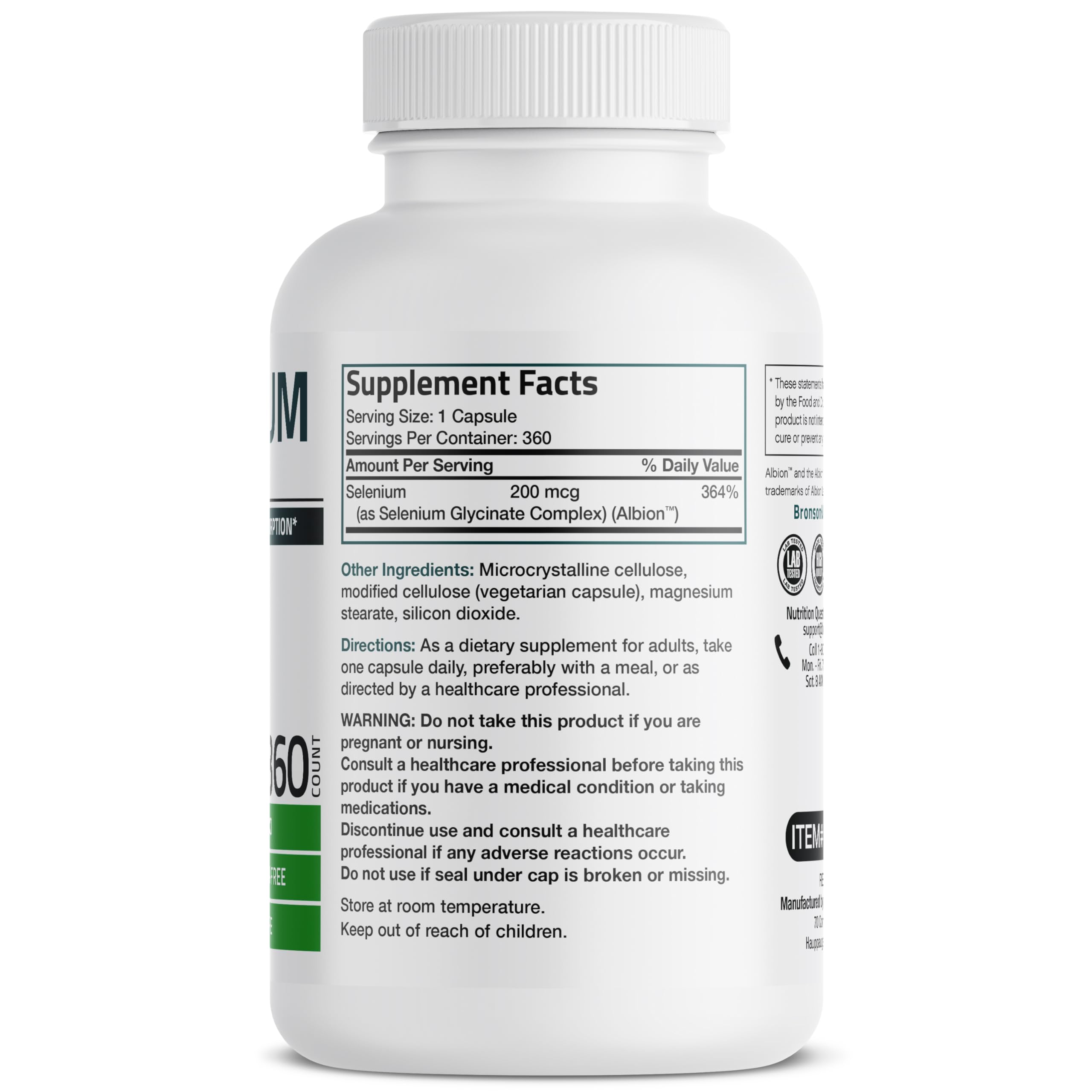 Bronson Selenium 200 MCG capsules in a bottle