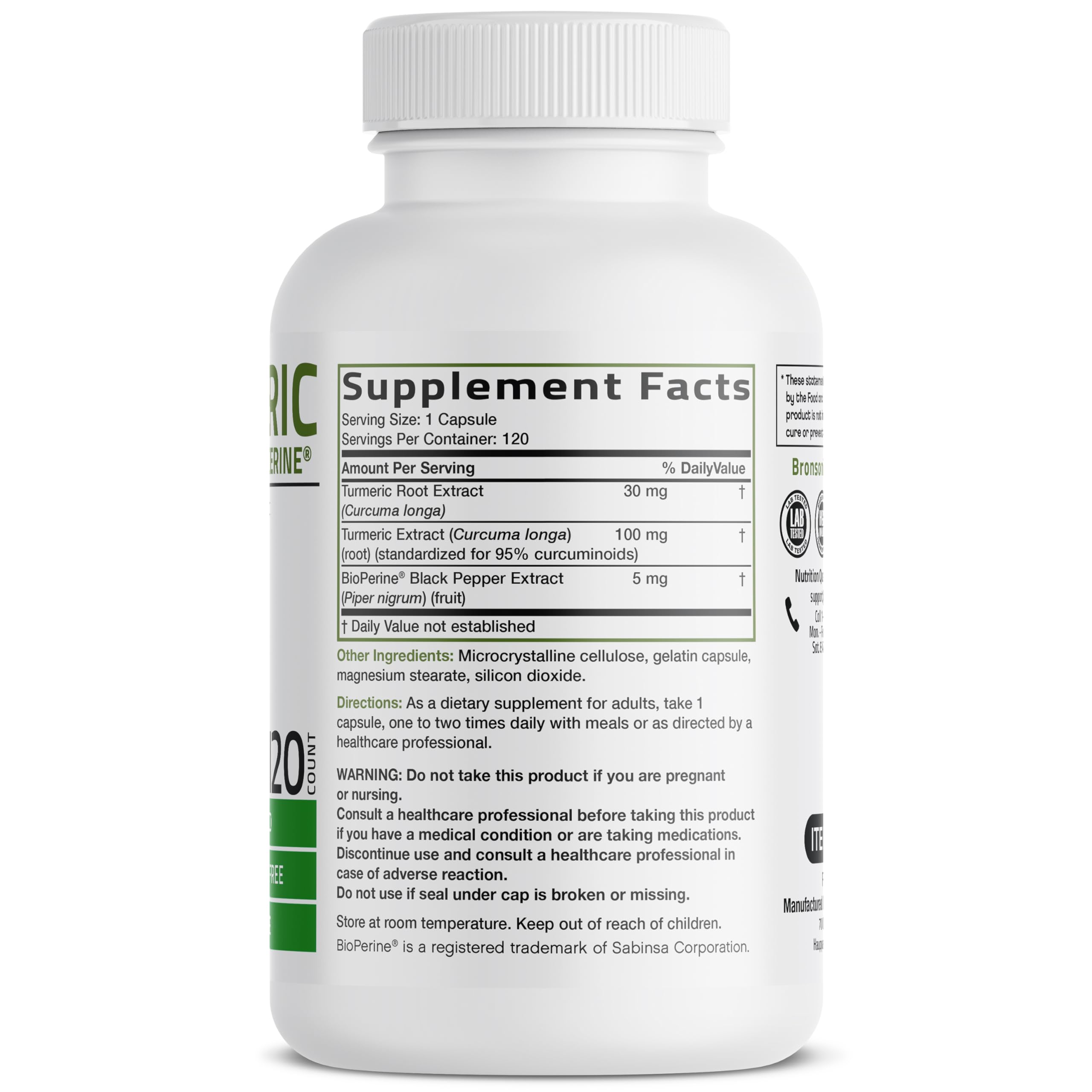 Bronson Turmeric Complex 1000mg Capsules side view
