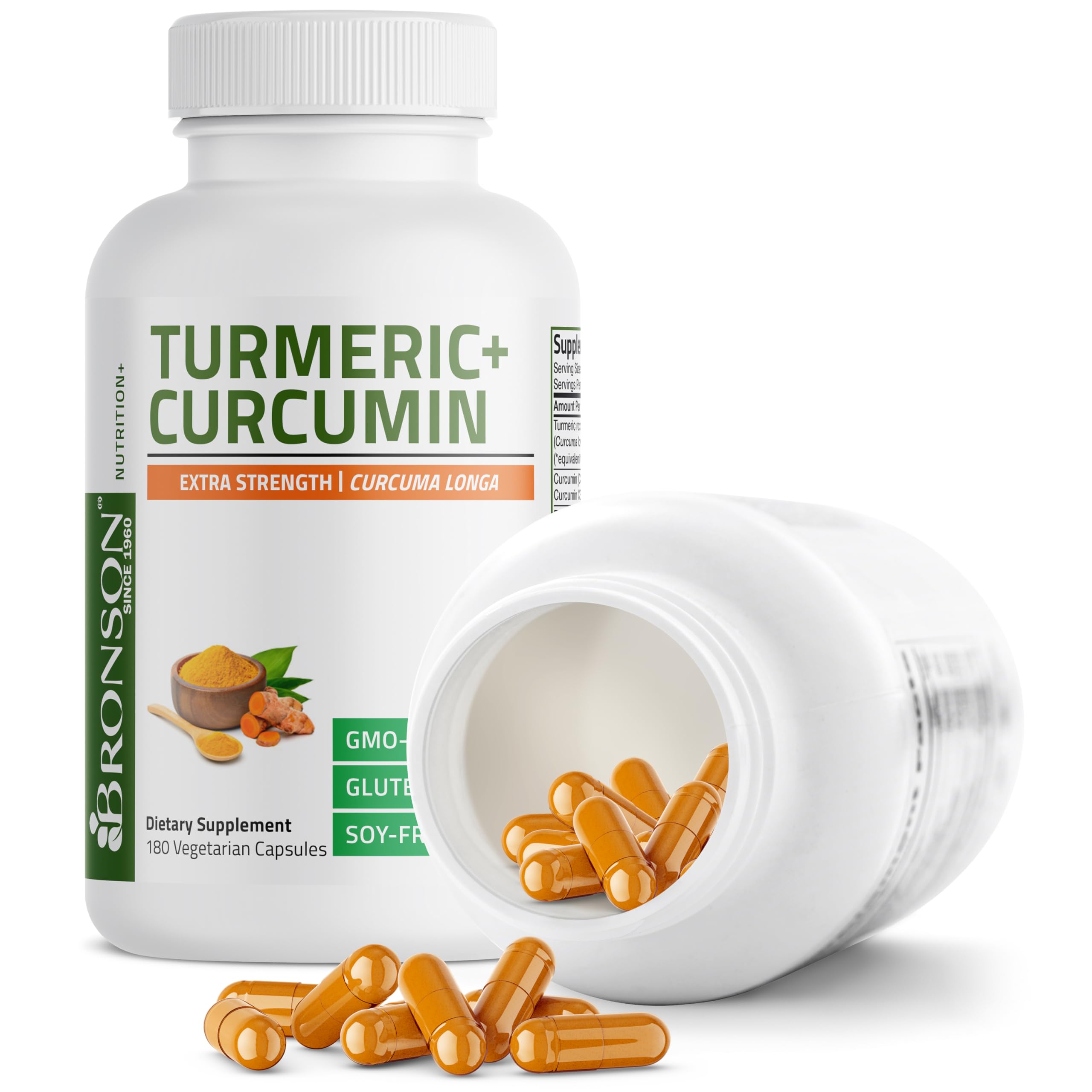 Bronson Turmeric + Curcumin Capsules 500mg on a wooden table
