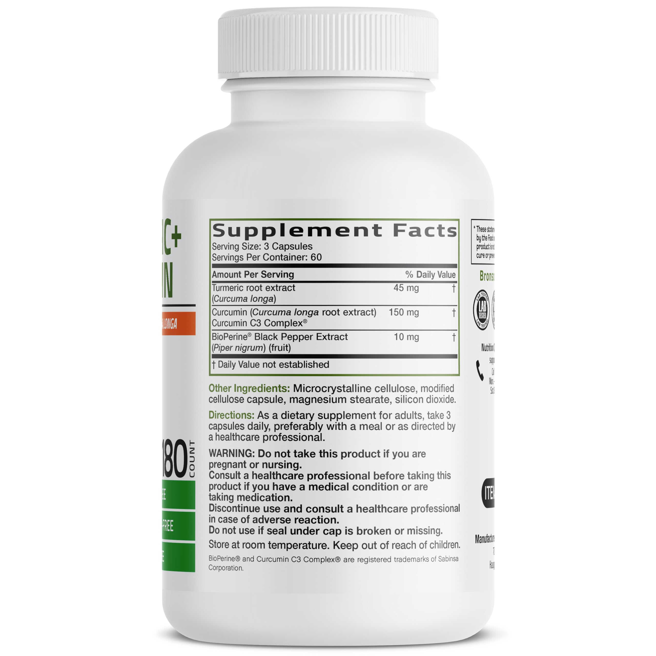 Bronson Turmeric + Curcumin Capsules 500mg side view