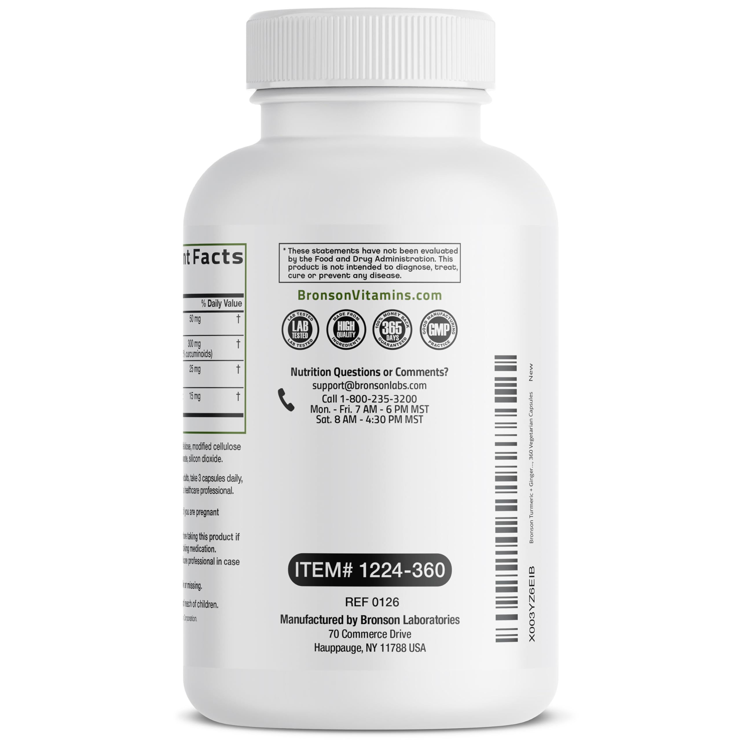 Bronson Turmeric + Ginger supplement bottle back view
