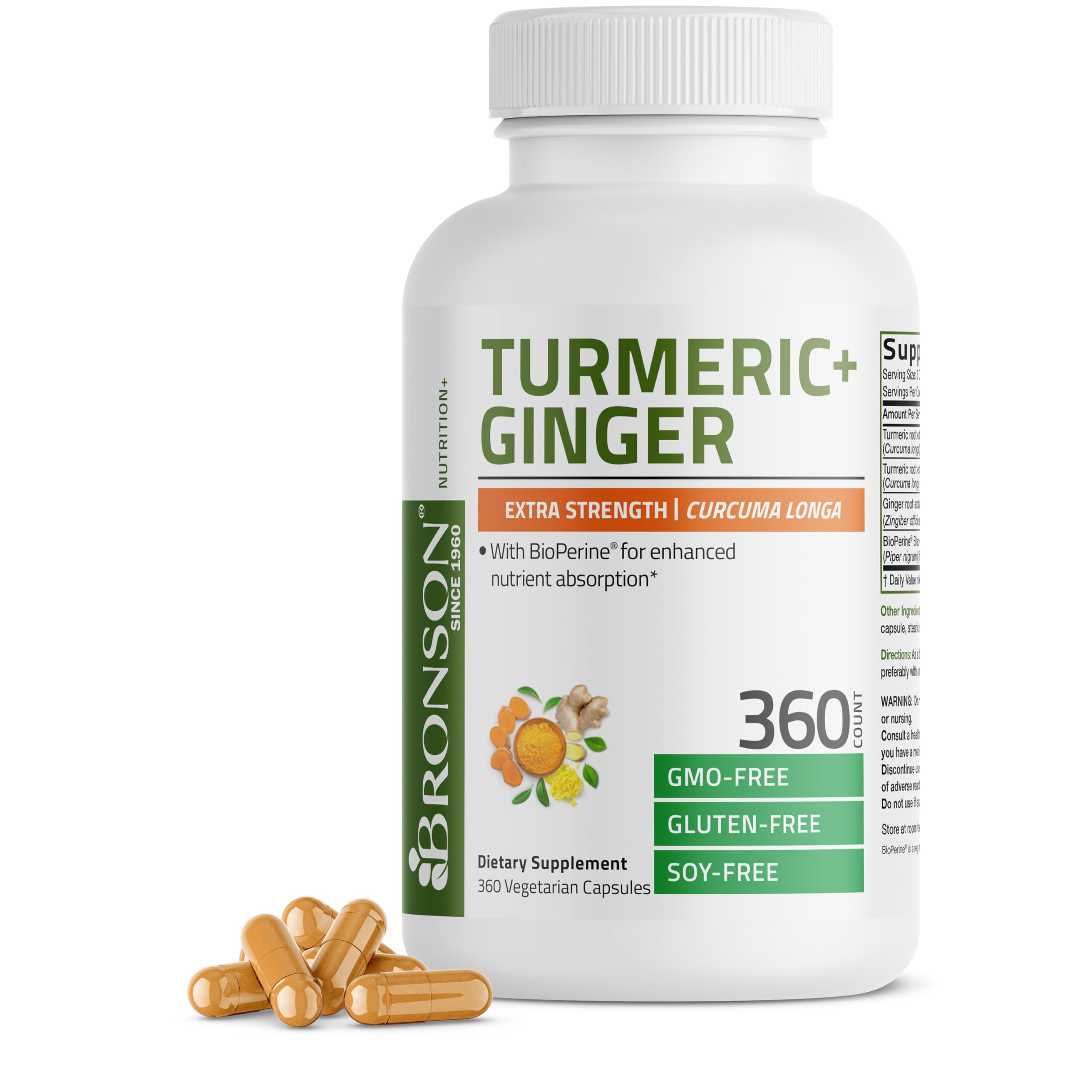 Bronson Turmeric + Ginger supplement bottle front view