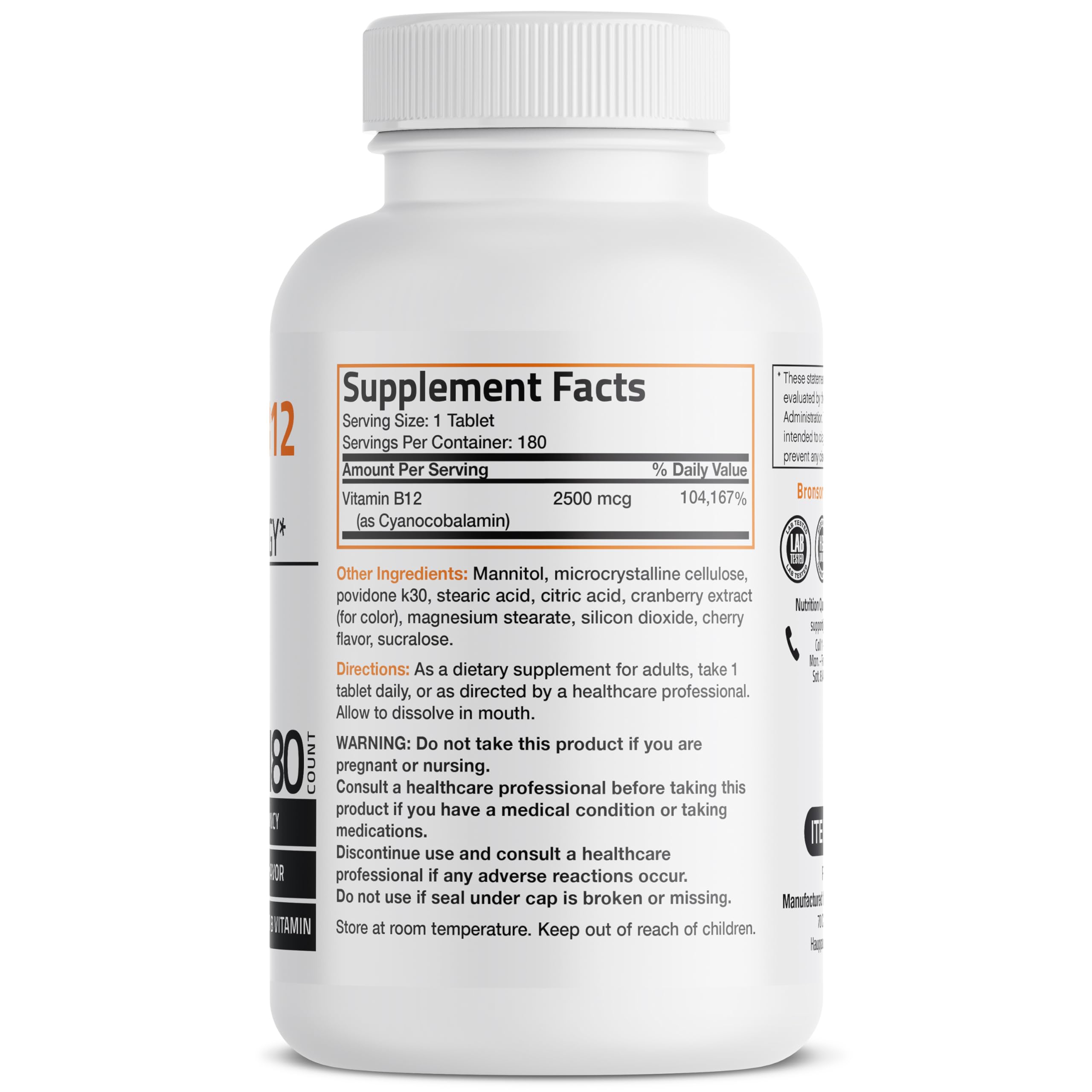 Bronson Vitamin B-12 Sublingual Supplement 1000mcg back view with ingredient list