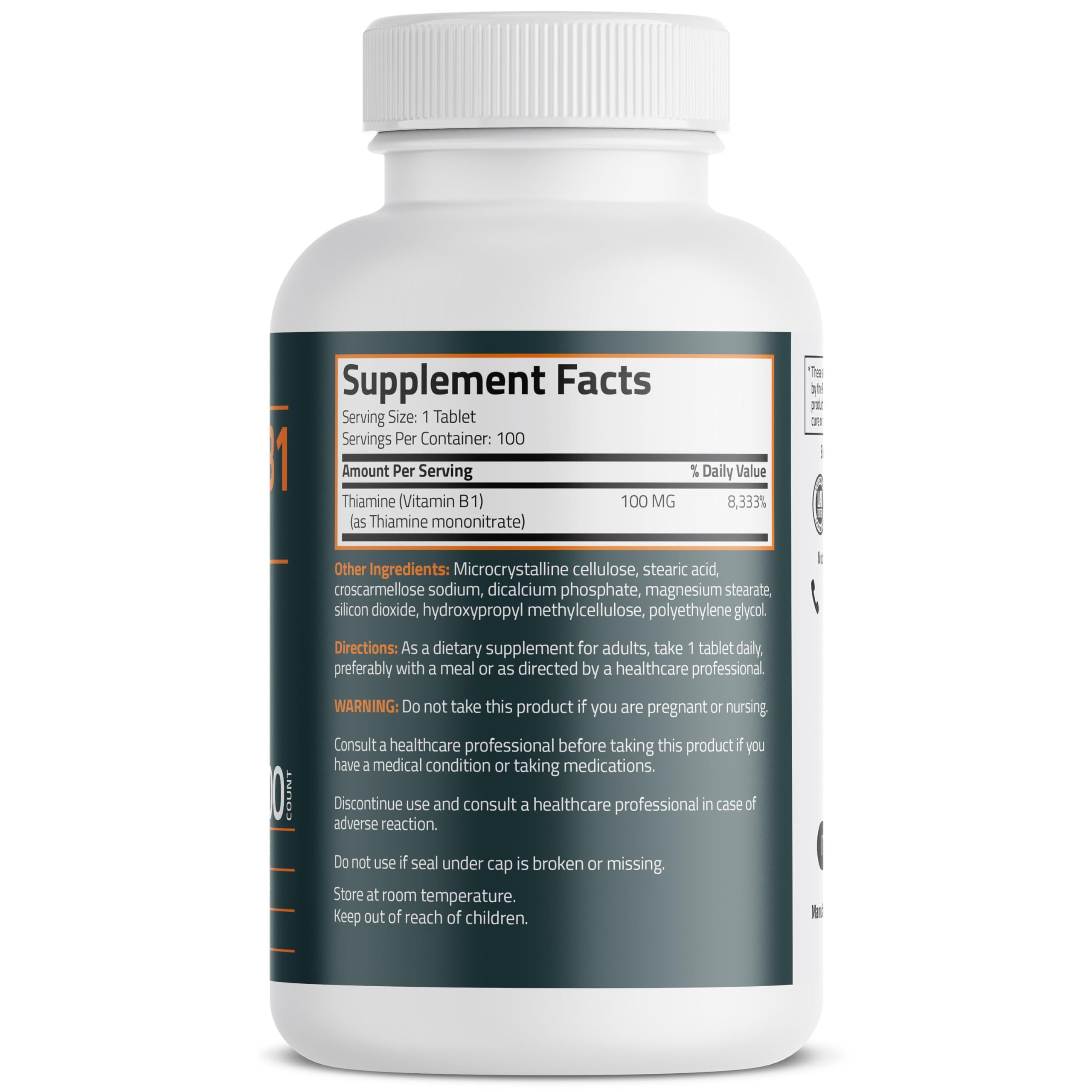 Bronson Vitamin B1 100MG tablets packaging side view