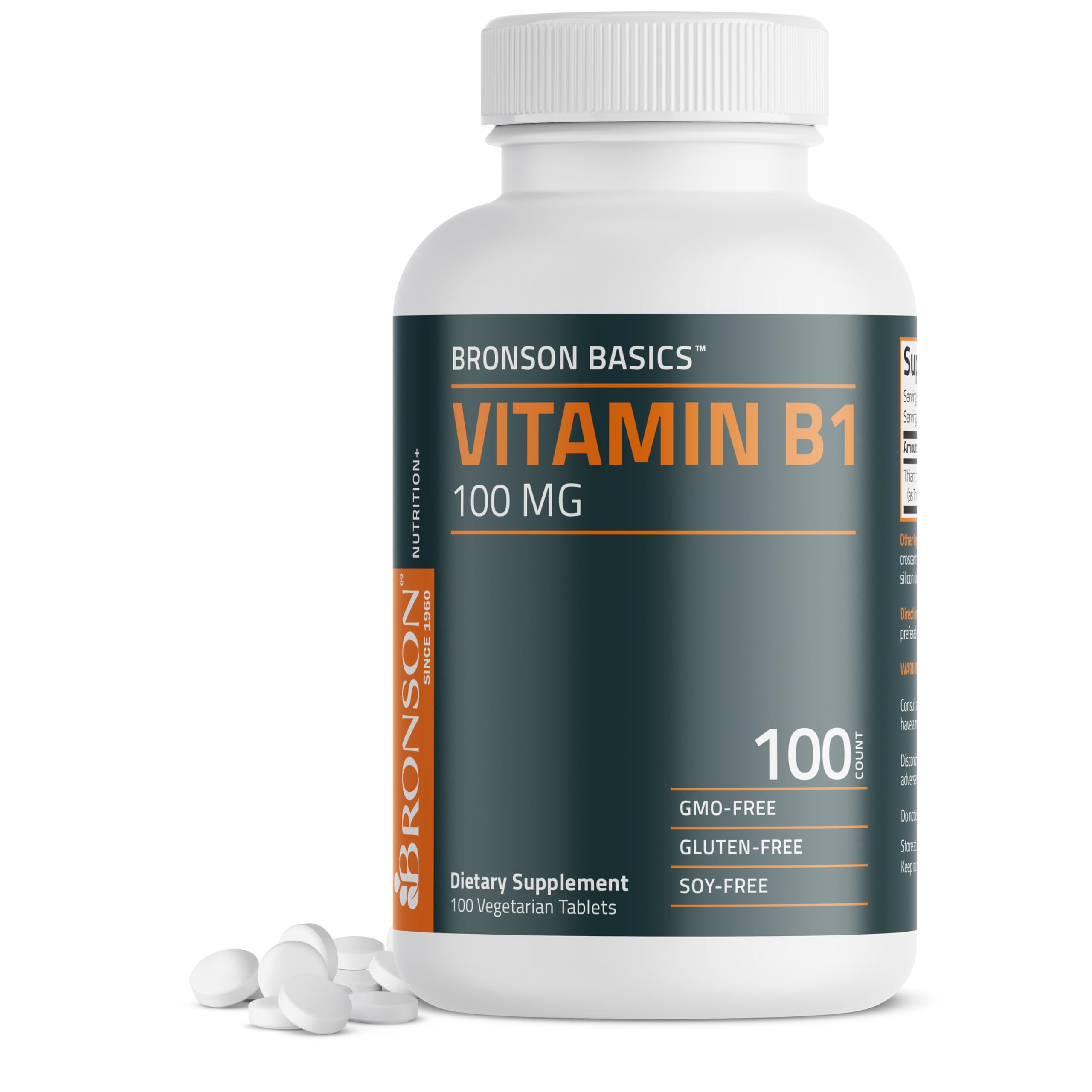 Bronson Vitamin B1 100MG vegetarian tablets front view