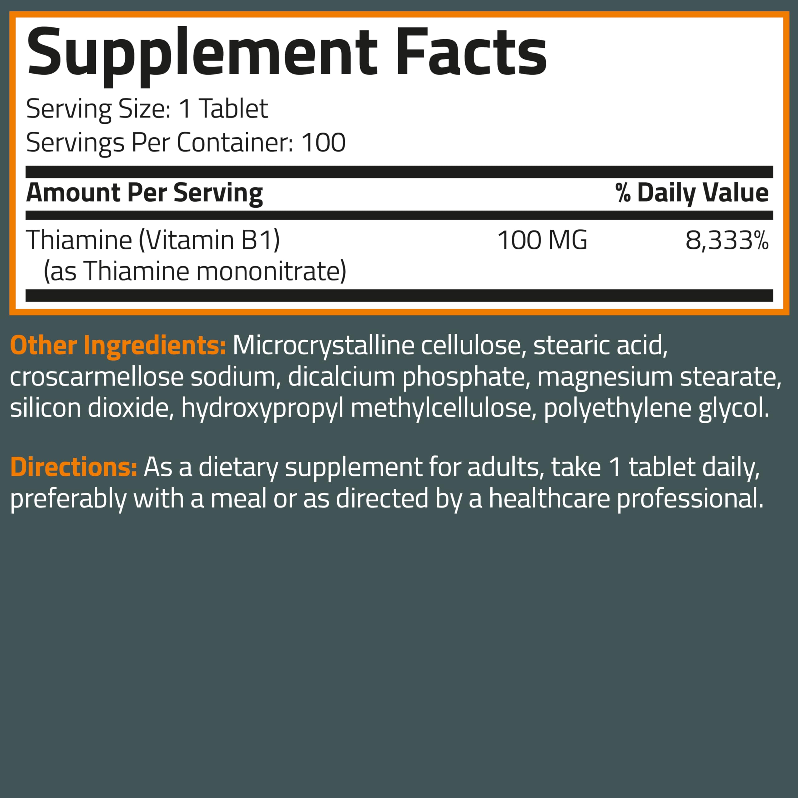 Bronson Vitamin B1 100MG vegetarian tablets with ingredients list