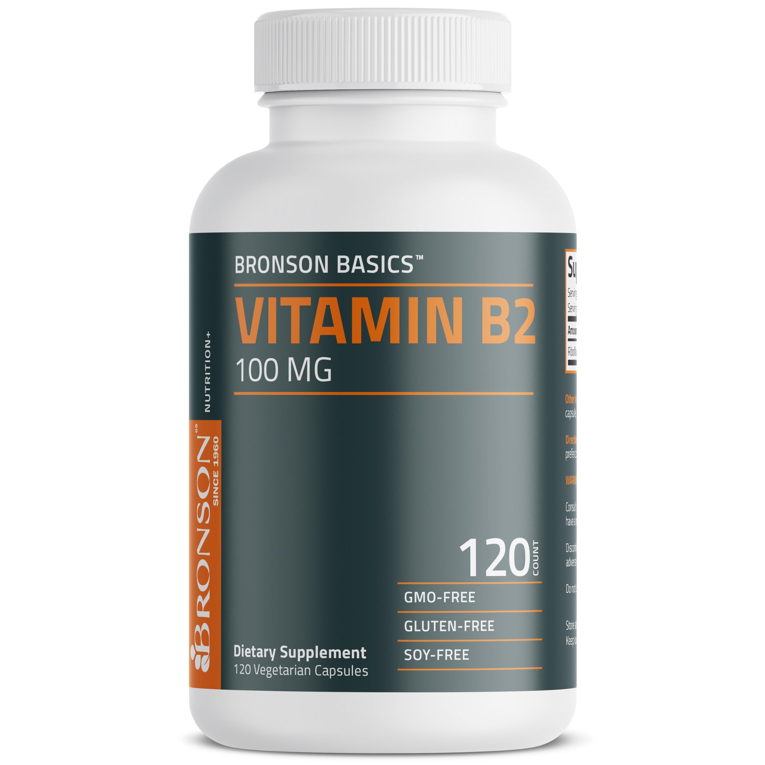 Bronson Vitamin B2 Riboflavin 100mg capsules on a wooden table