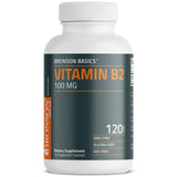Bronson Vitamin B2 Riboflavin 100mg capsules on a wooden table