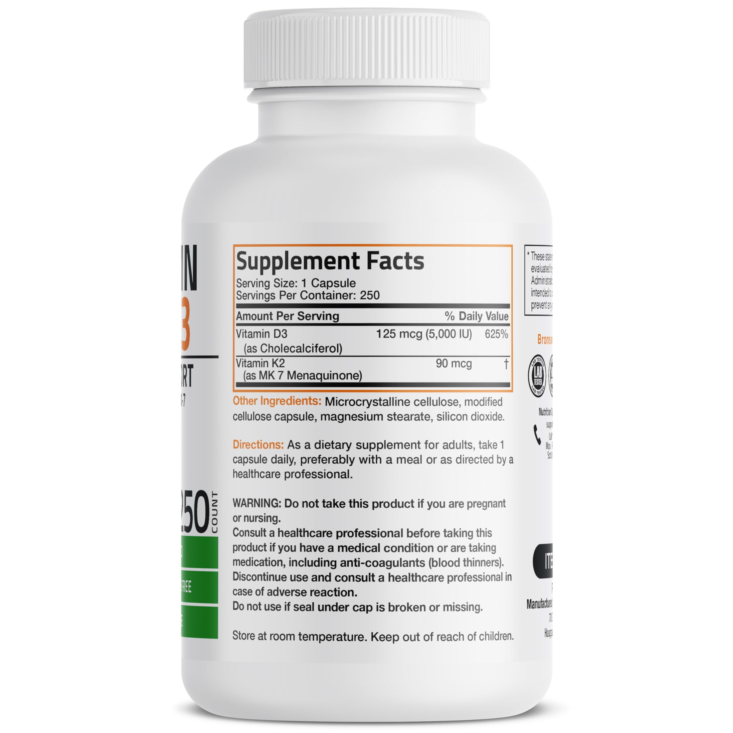Bronson Vitamin D3 & K2 Capsules bottle side view