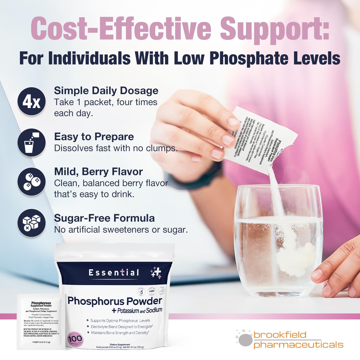 Brookfield Pharmaceuticals Phosphorus Powder Supplement on a kitchen counter
