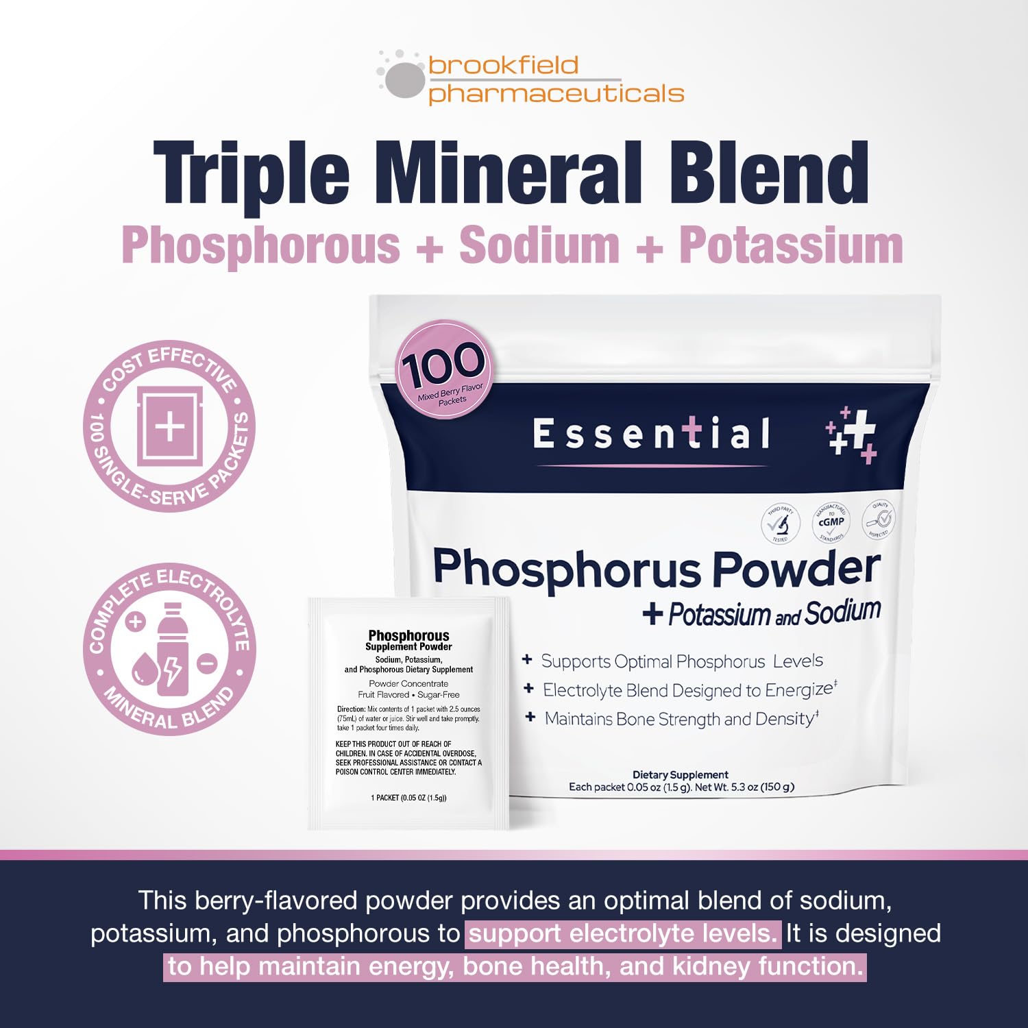 Brookfield Pharmaceuticals Phosphorus Powder Supplement packet close-up