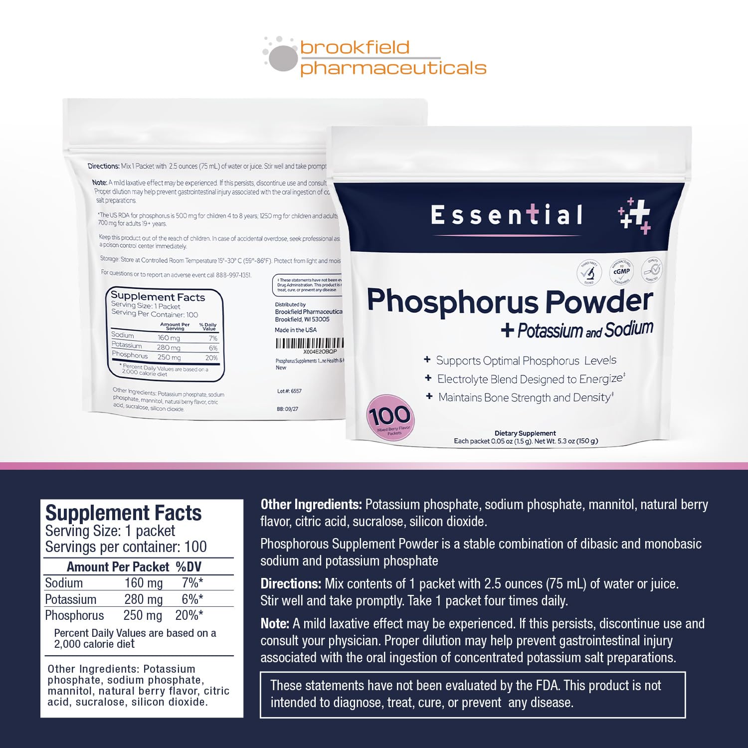 Brookfield Pharmaceuticals Phosphorus Powder Supplement with a scoop