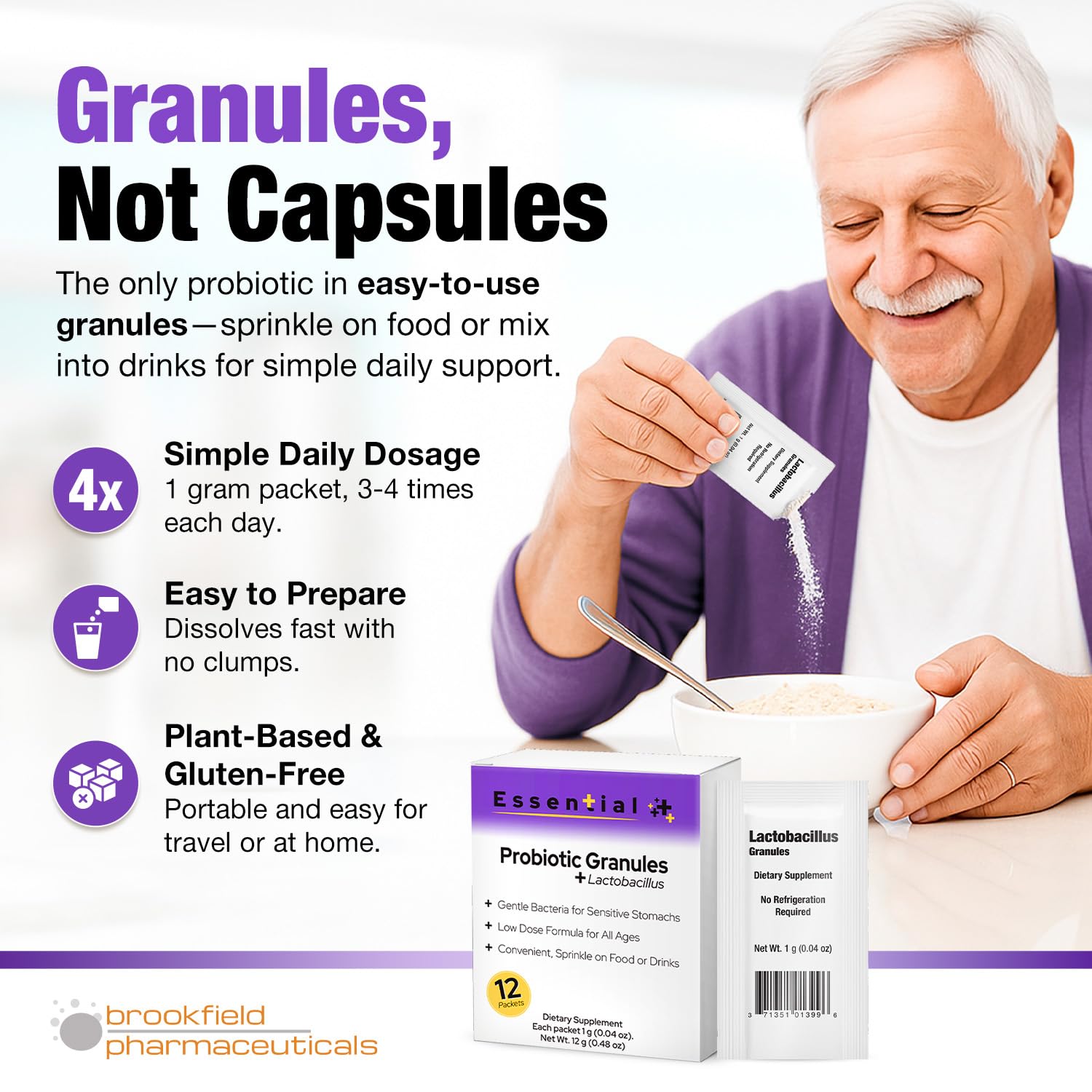 Brookfield Pharmaceuticals Probiotic Powder Packets opened with powder visible