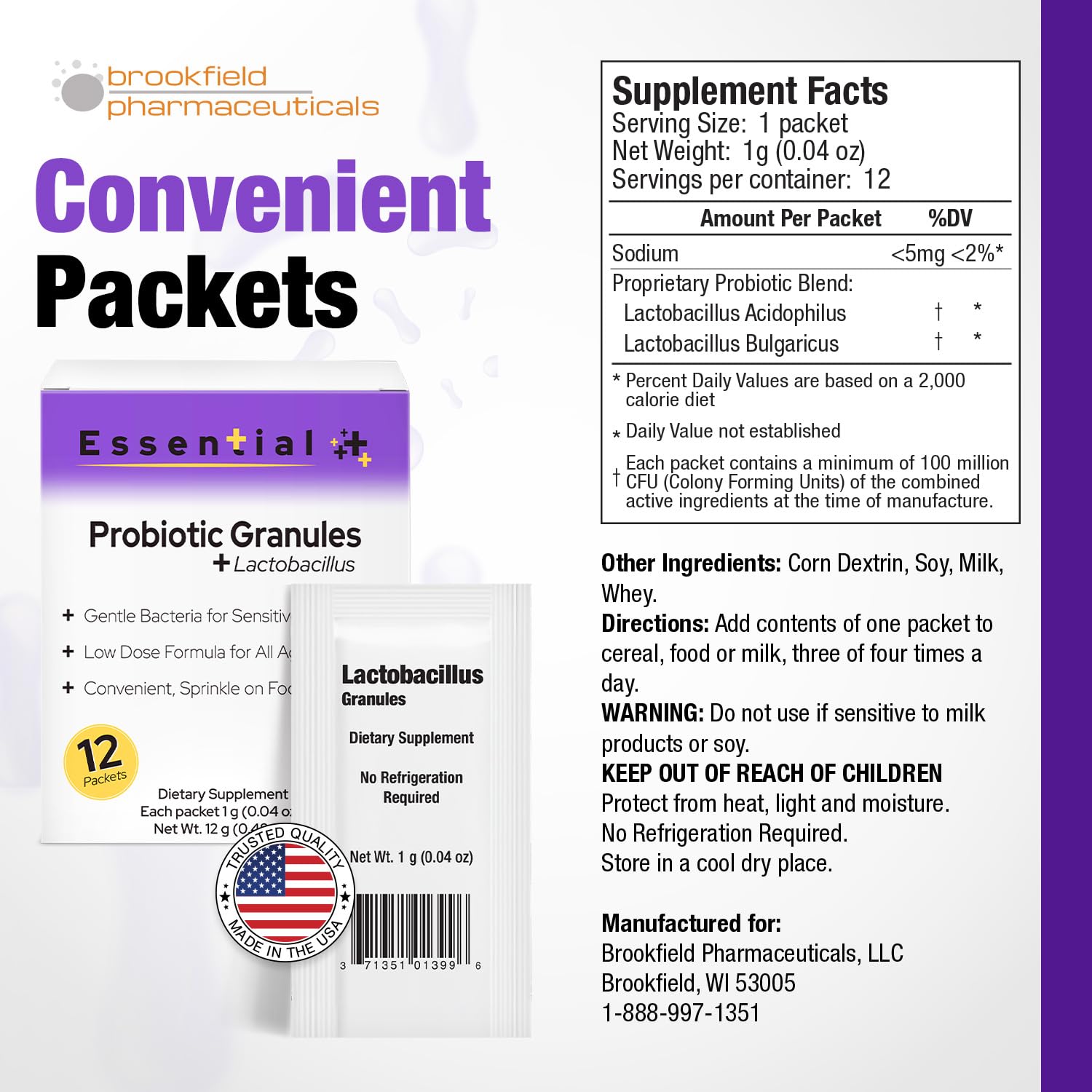 Brookfield Pharmaceuticals Probiotic Powder Packets with milk and food