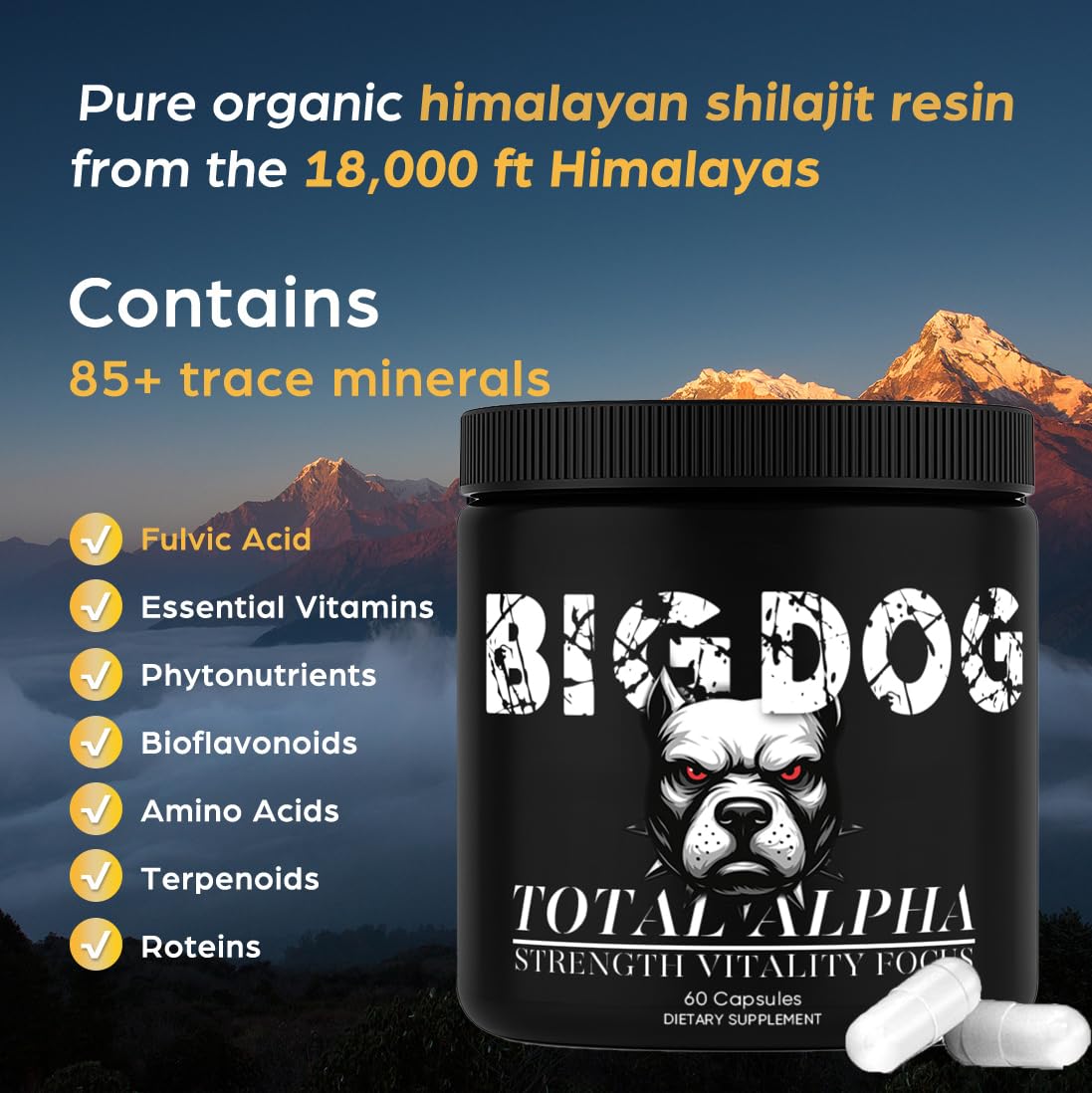 Bruiseweed 3-in-1 Total Alpha Blend Multiminerals capsules on a table