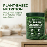 Bruiseweed Spirulina & Chlorella Daily Greens Blend bottle in a kitchen setting