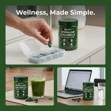 Bruiseweed Spirulina & Chlorella Daily Greens Blend bottle with tablets scattered