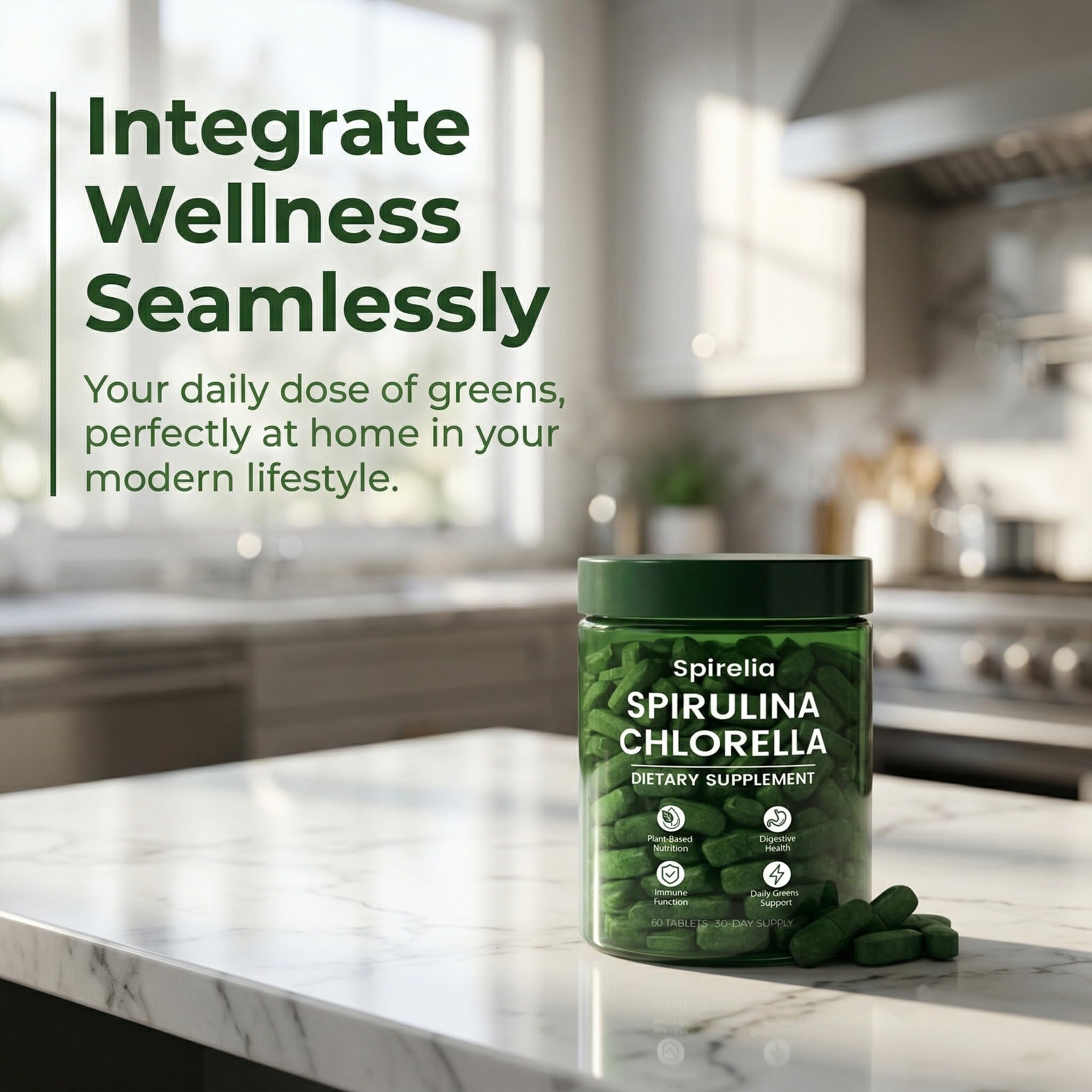 Bruiseweed Spirulina & Chlorella Daily Greens Blend tablets close-up