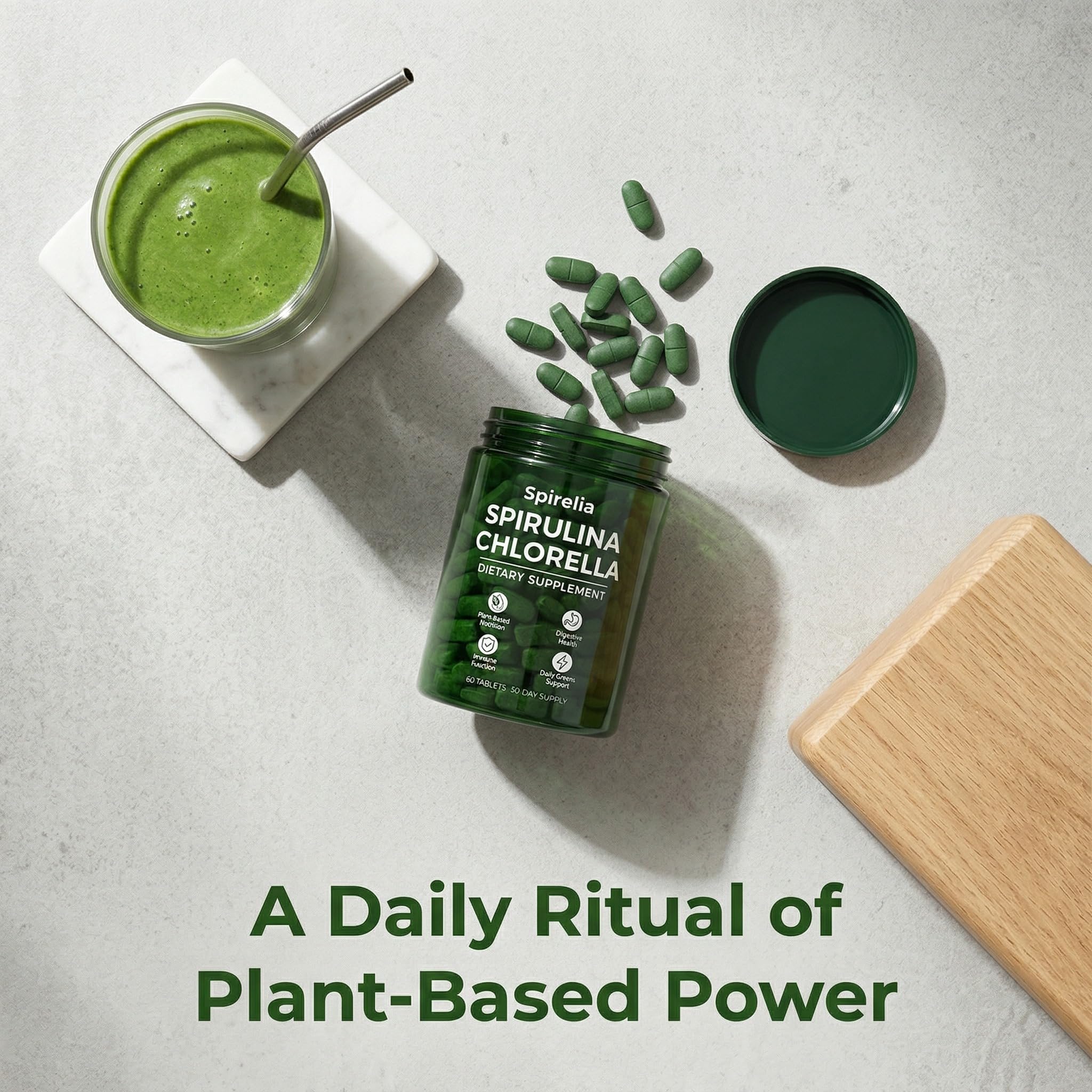 Bruiseweed Spirulina & Chlorella Daily Greens Blend tablets on a wooden table