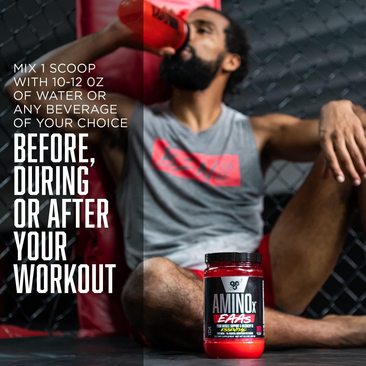 BSN AMINOx EAAs 375g lifestyle shot with shaker bottle