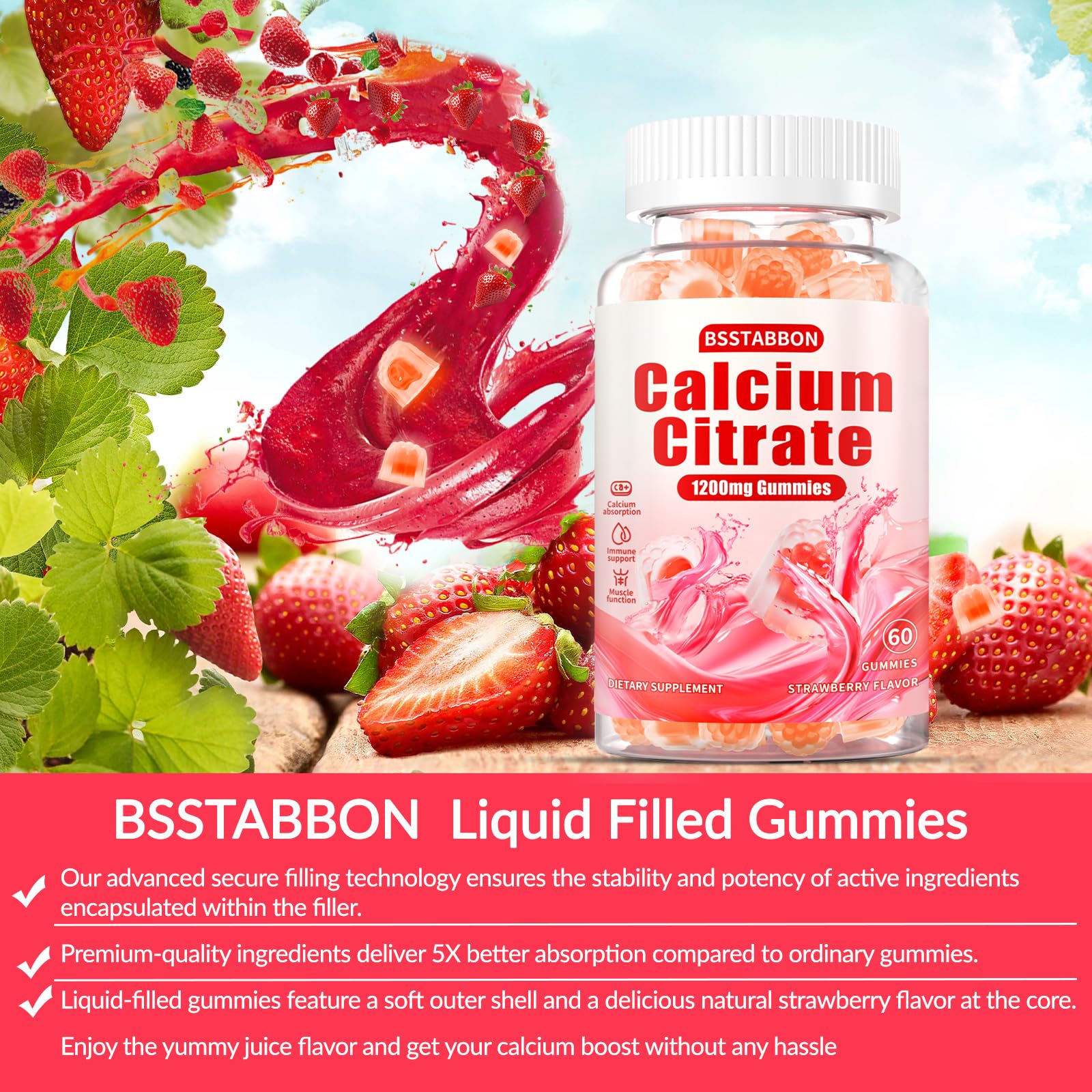 BSSTABBON Calcium Gummies displayed with fresh strawberries